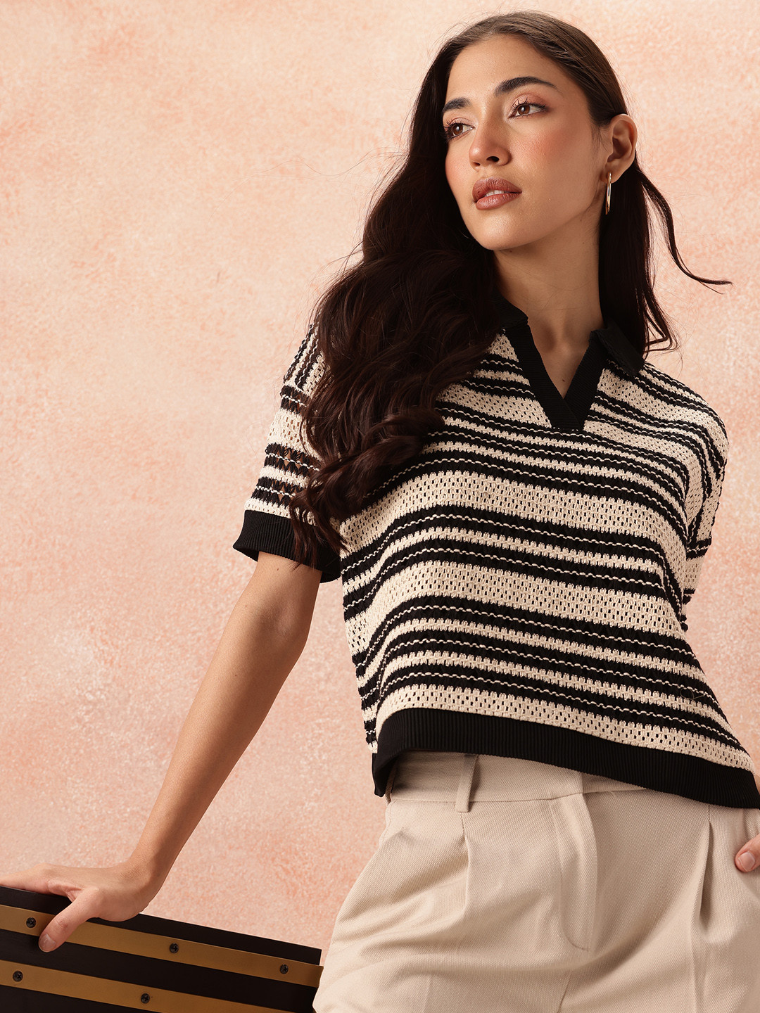 all about you Horizontally Self-Striped Shirt Collar Crochet Drop-Shoulder Top