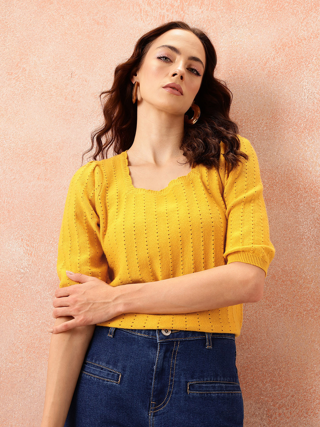 all about you Open Knit Puff Sleeve Top