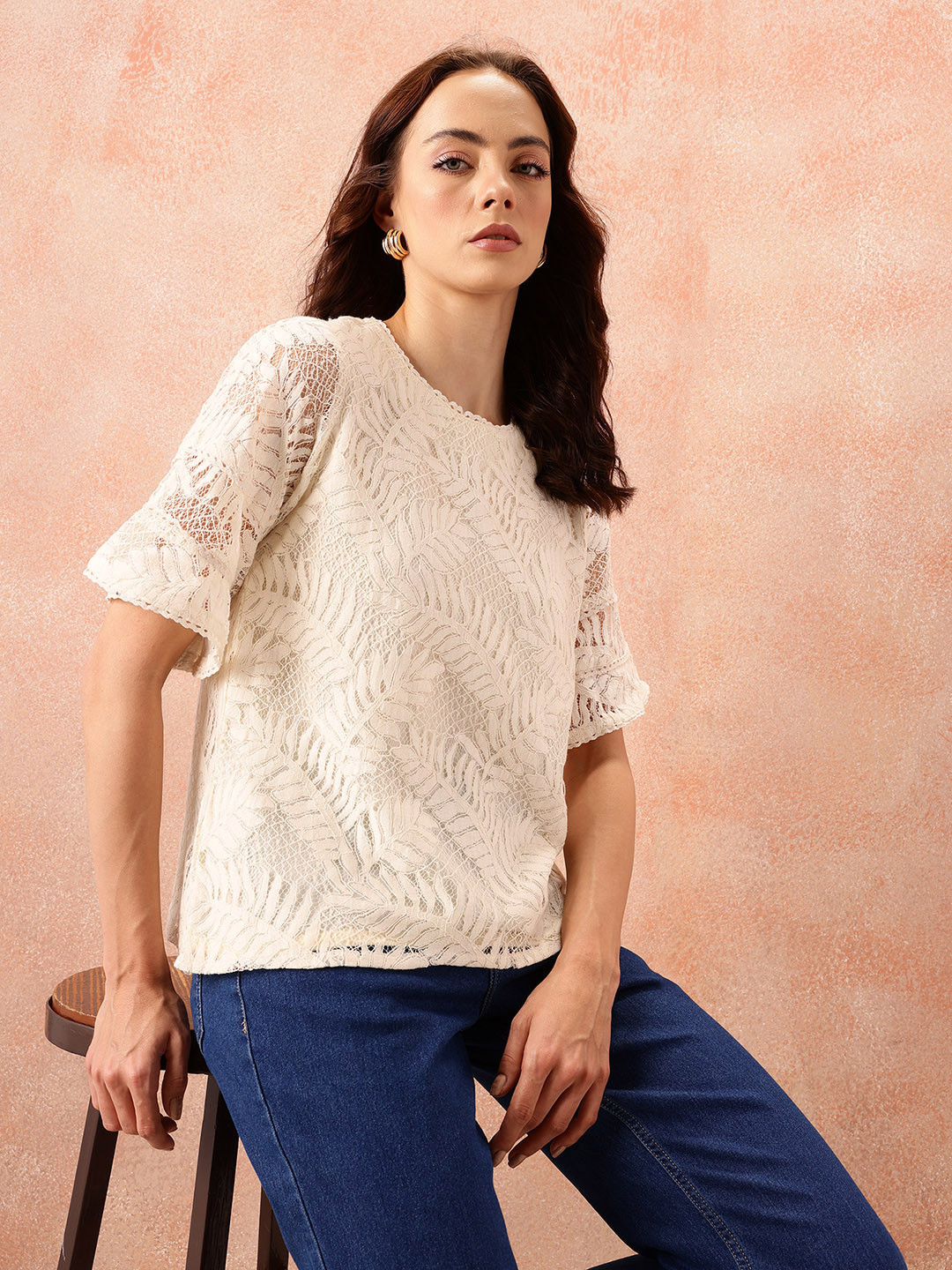 all about you Self Design Lace Up Bell Sleeve Top