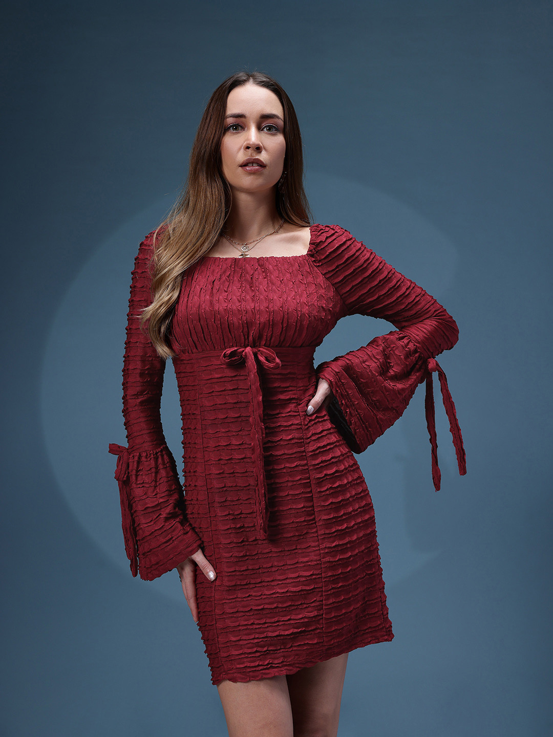 bebe Future Glam Bell Sleeve Dress With Bow Detail