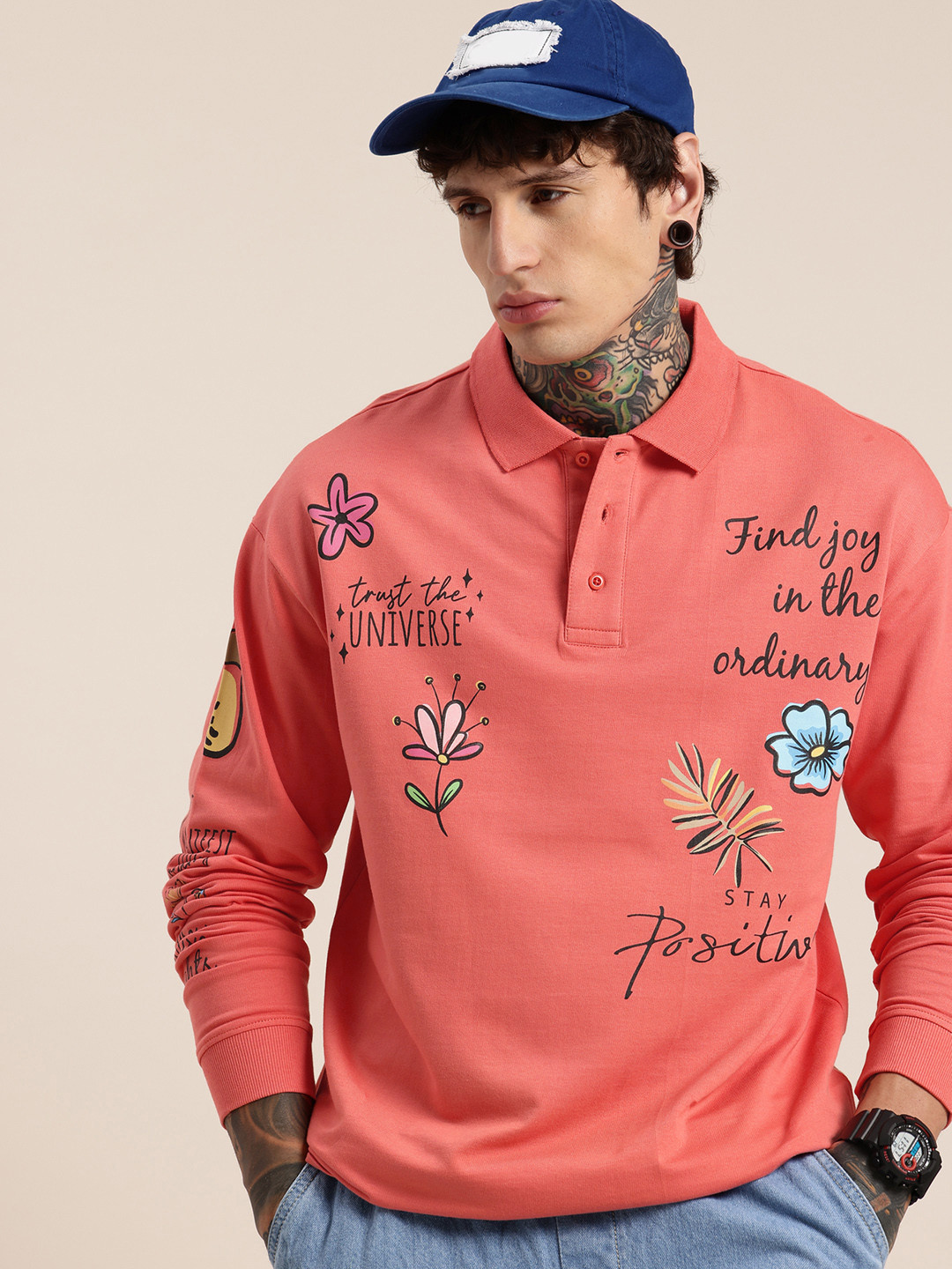 HERE&NOW Typography Printed Polo Collar Drop-Shoulder Sleeves Pure Cotton Relaxed T-shirt