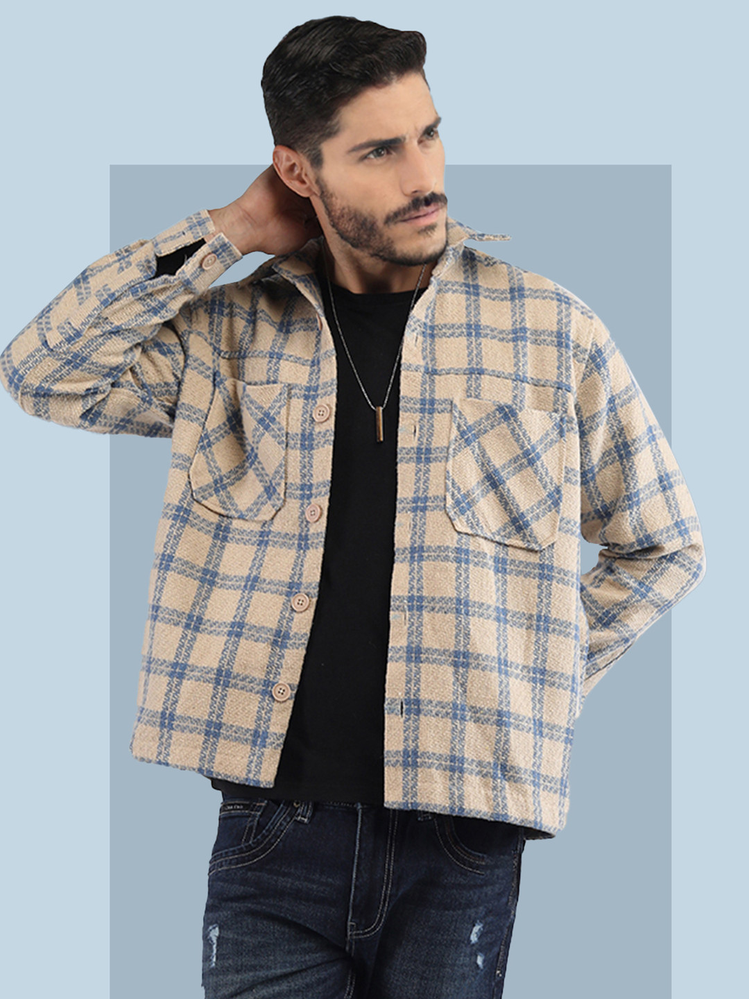 The Roadster Lifestyle Co Checked Spread Collar Long Sleeve Woolen Shacket