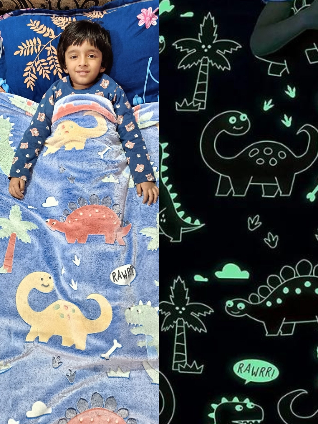 Famyo Kids Glow in The Dark Jurassic Blue Dinosaur 220 GSM Queen Size Blanket