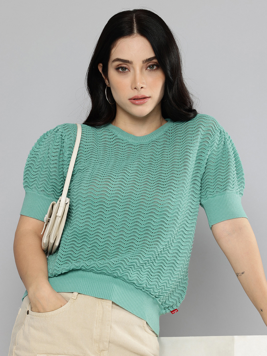 Levis Puff Sleeves Cable Knit Pullover Sweater