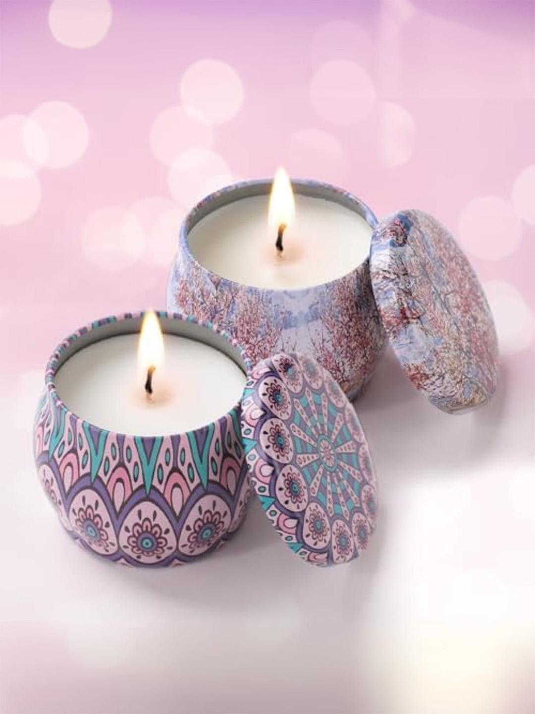 andMe Diwali decoration 2Pcs 1 Wick Vanilla and Lavender Ethnic Motifs Round Jar Candles