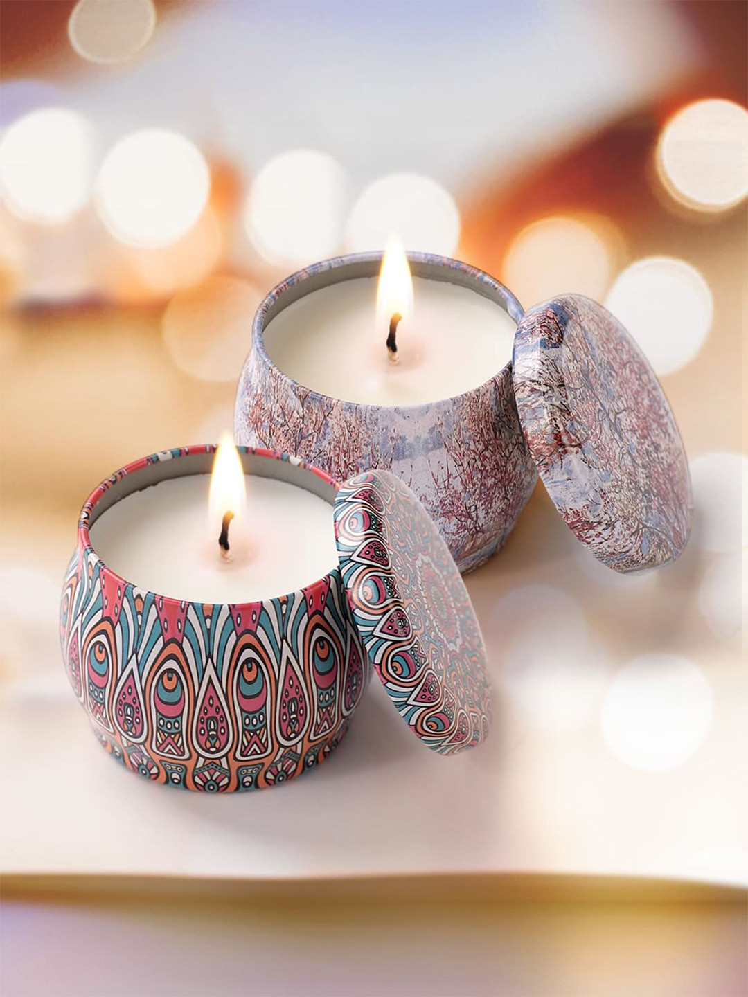 andMe Diwali decoration 2Pcs 1 Wick Mon Paris and Vanilla Ethnic Motifs Round Jar Candles