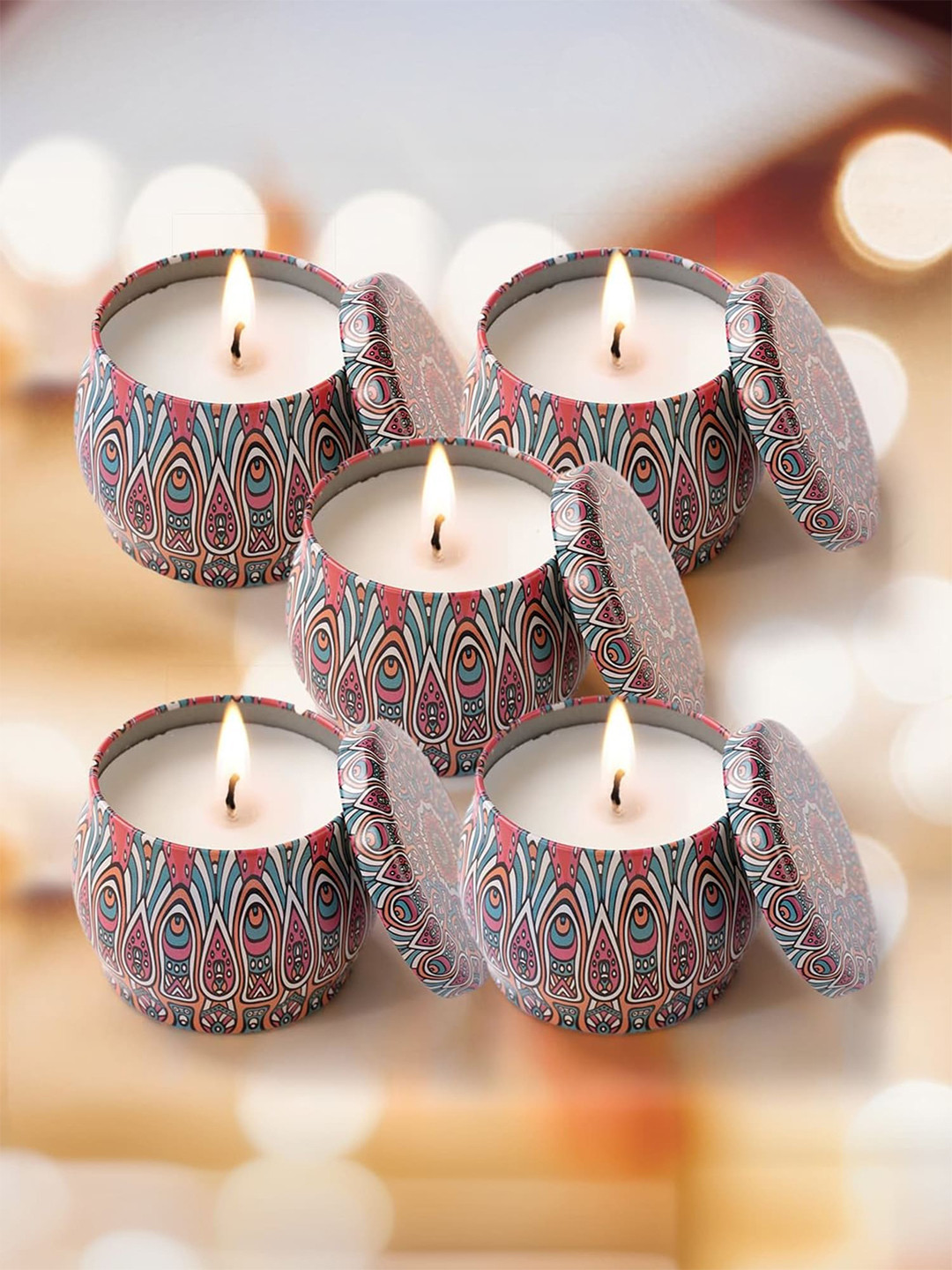 andMe Diwali decoration 5Pcs Scented 1 Wick Mon Paris Ethnic Motifs Round Jar Candles