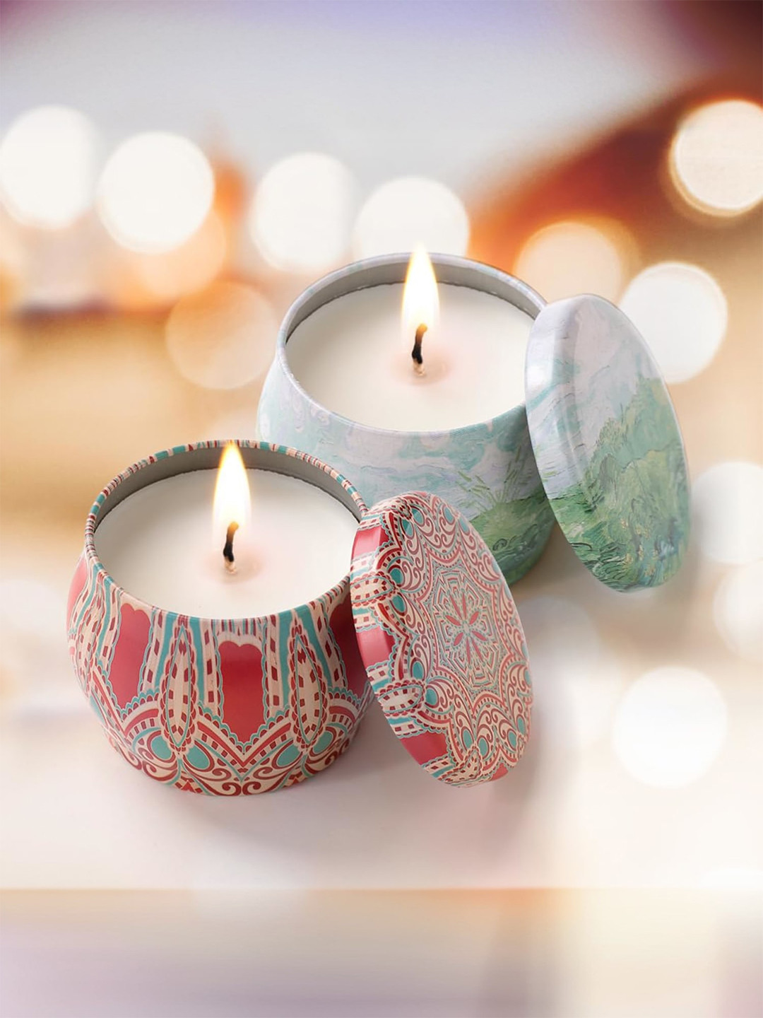 andMe Diwali decoration 2Pcs 1 Wick Yashioka & Rose Ethnic Motifs Round Jar Candles