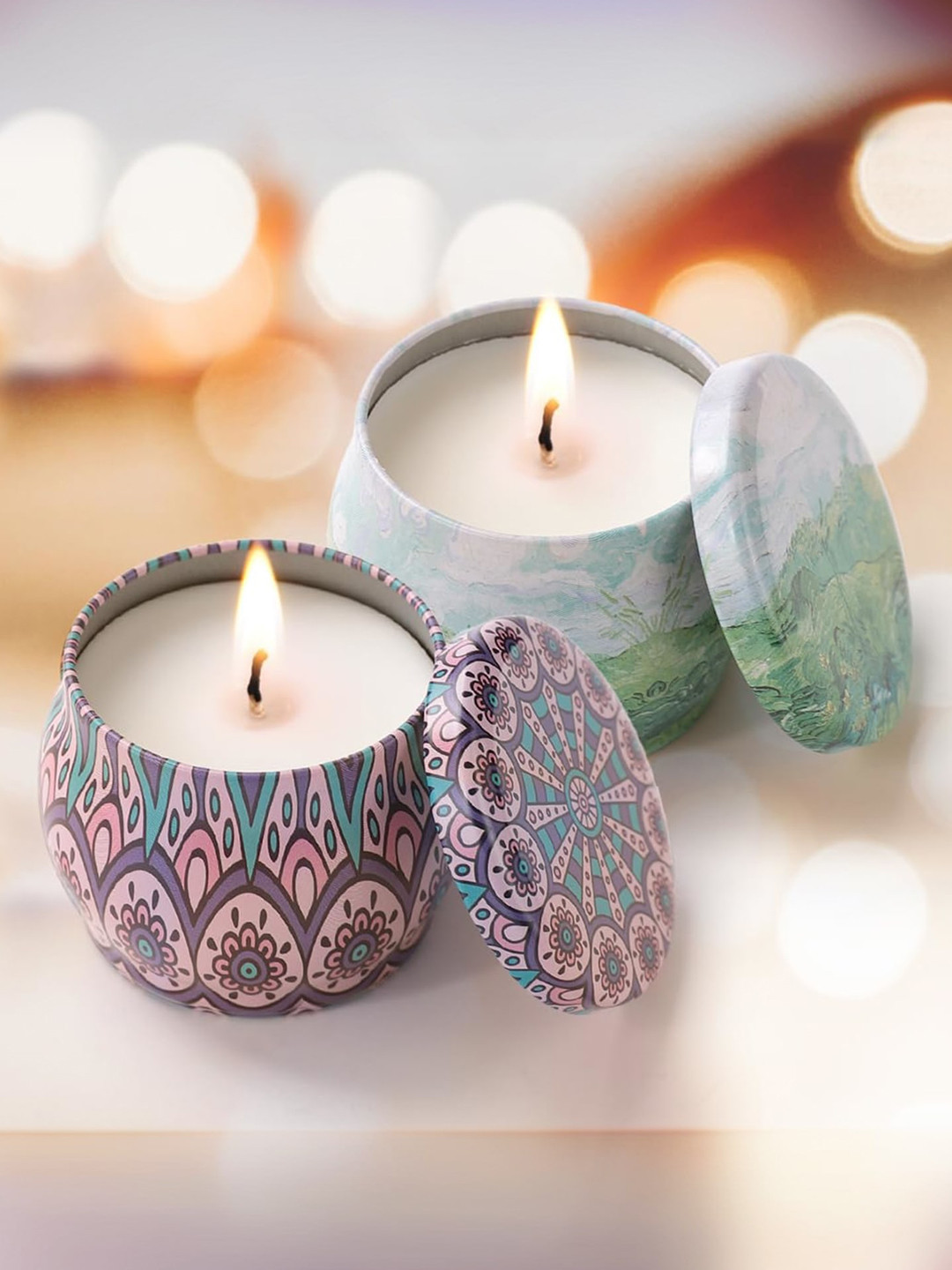 andMe Diwali decoration 2Pcs 1 Wick Lavender and Yashioka Ethnic Motifs Round Jar Candles