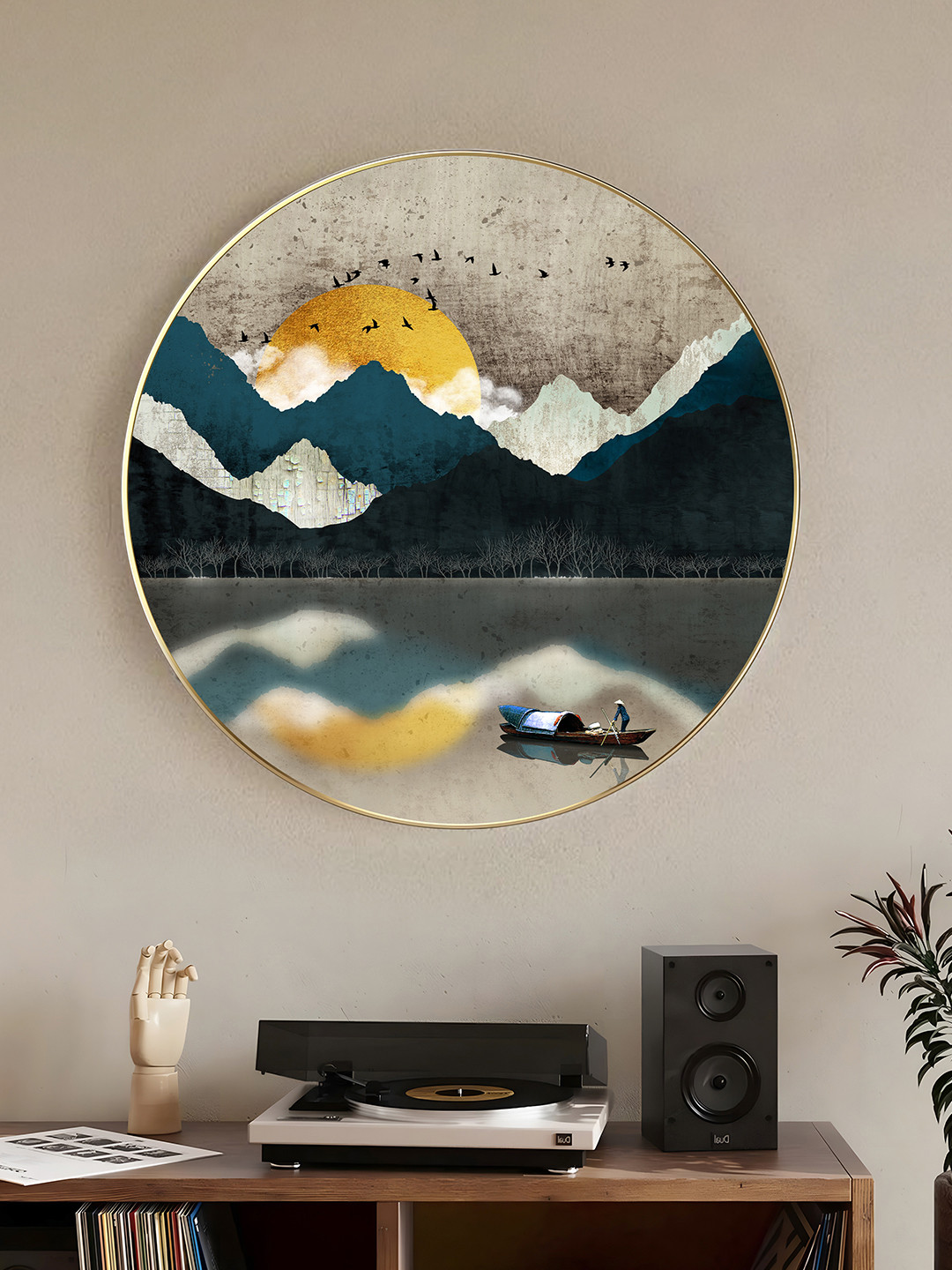 Art Street Yellow & Blue Paper Orange Sun & Mountain Birds and Animals Printed Wall Art