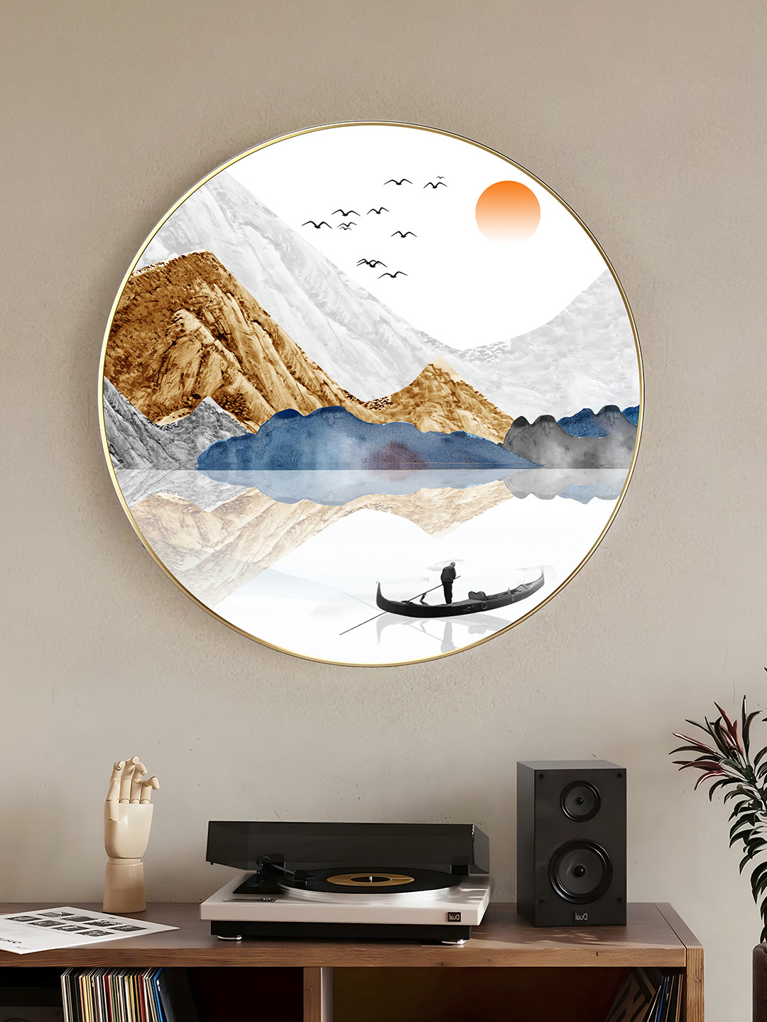 Art Street Gold-Toned & White Paper Mountain Wave Birds and Animals Printed Wall Art