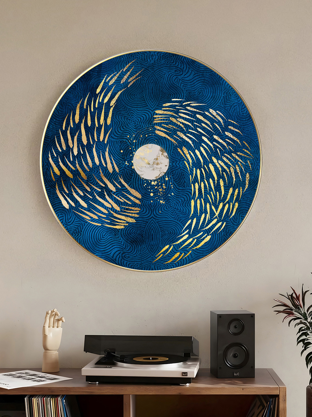 Art Street Blue Paper Nordic Moon Fish Art Gold Ring Abstract Printed Wall Art