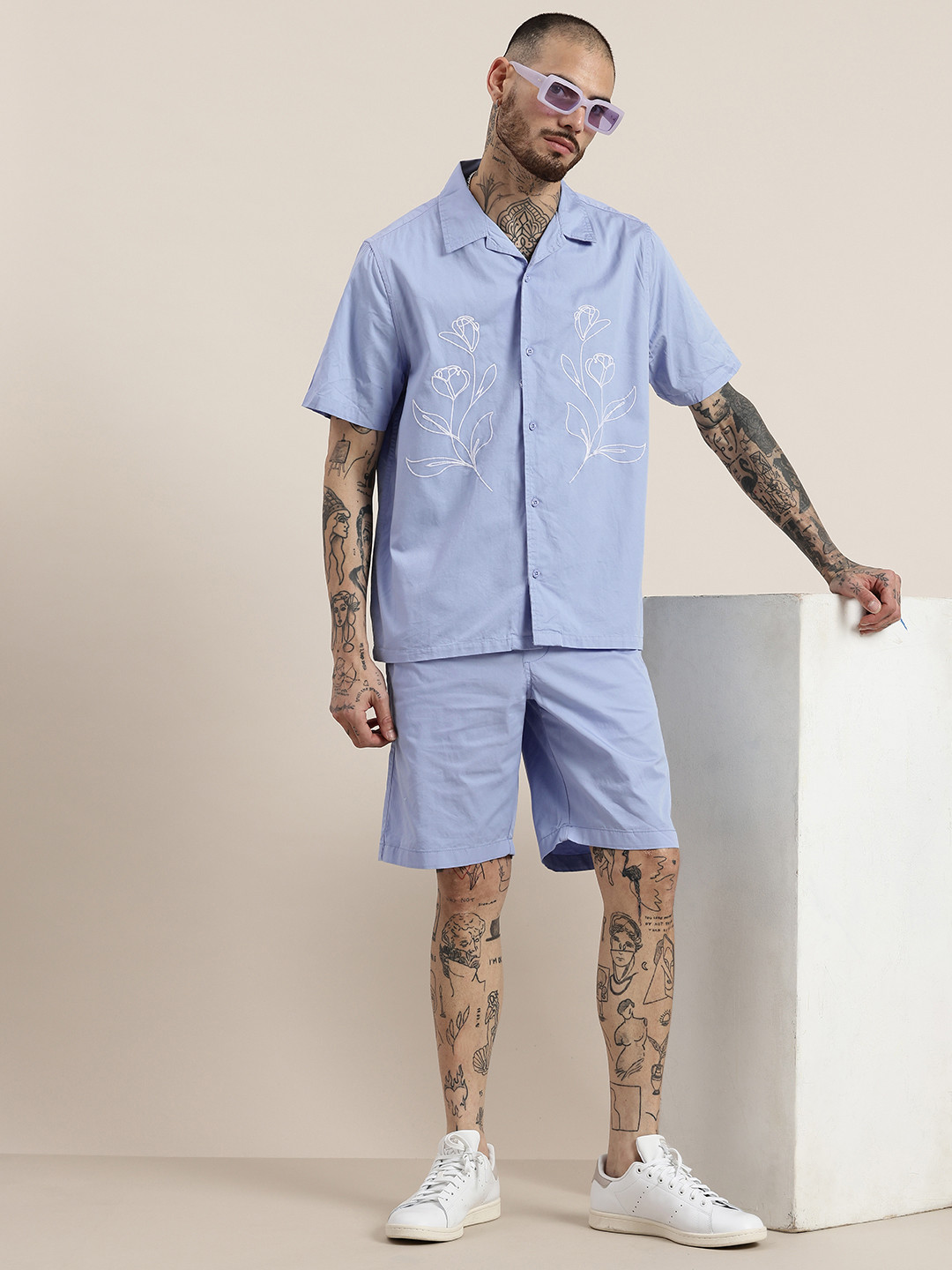 HERE&NOW Pure Cotton Slim Fit Floral Embroidered Shirt with Shorts