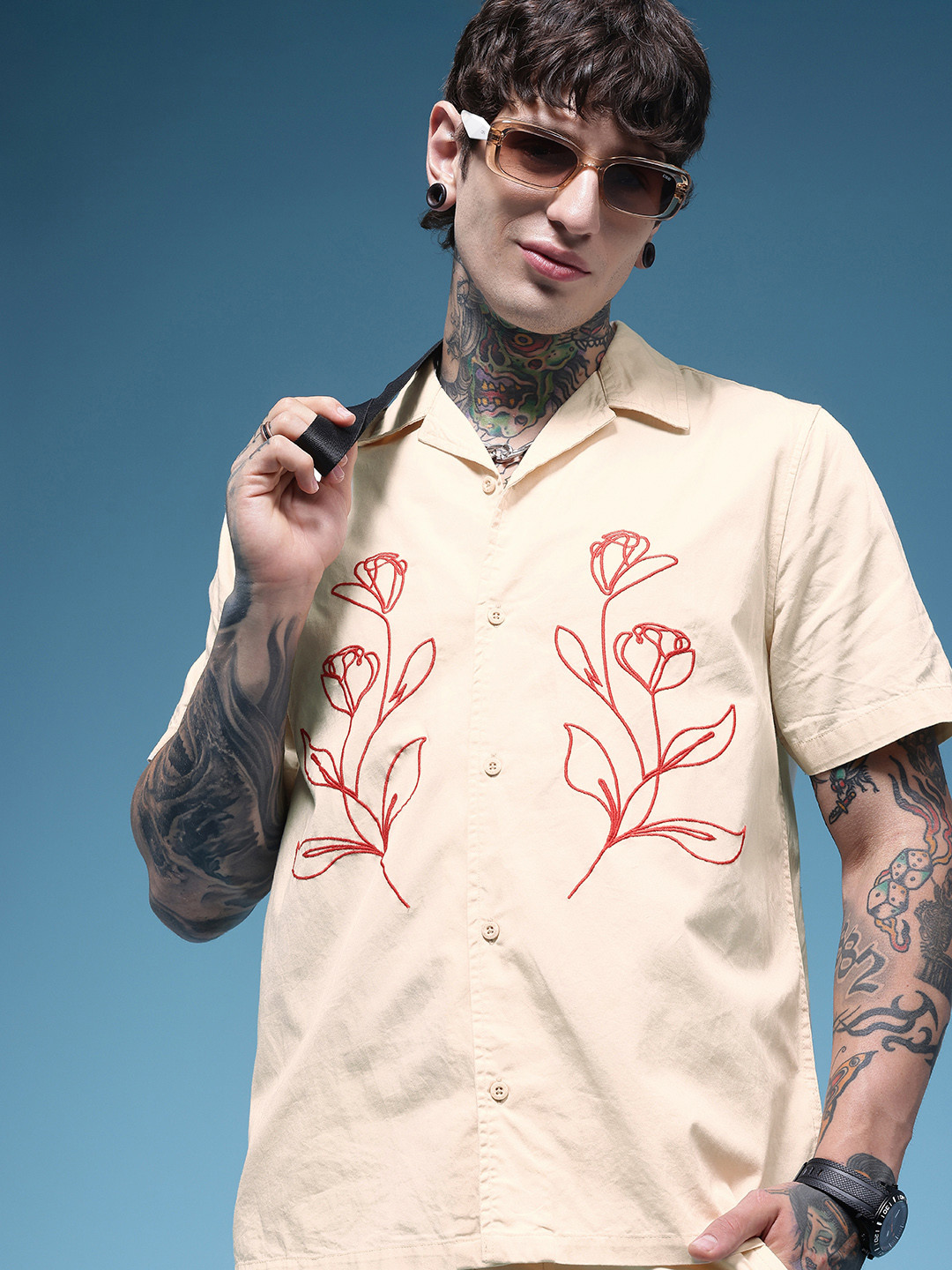 HERE&NOW Men Pure Cotton Slim Fit Embroidered Shirt & Shorts Co-Ords
