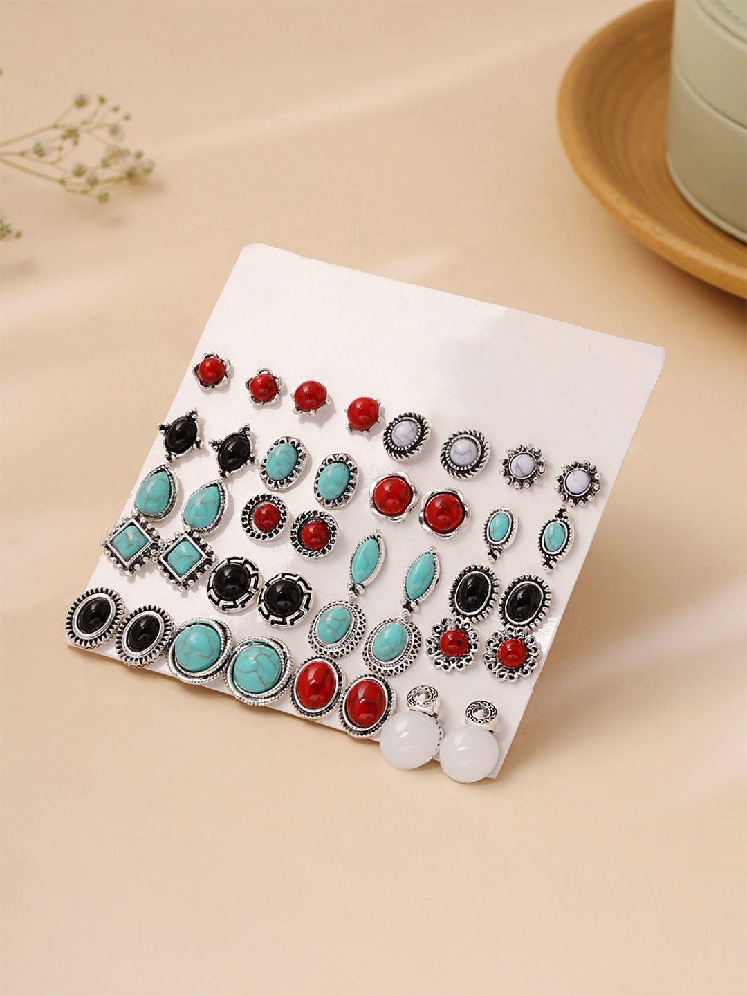 Yellow Chimes Set Of 20 Silver-Plated Stone Studded Oxidised Studs