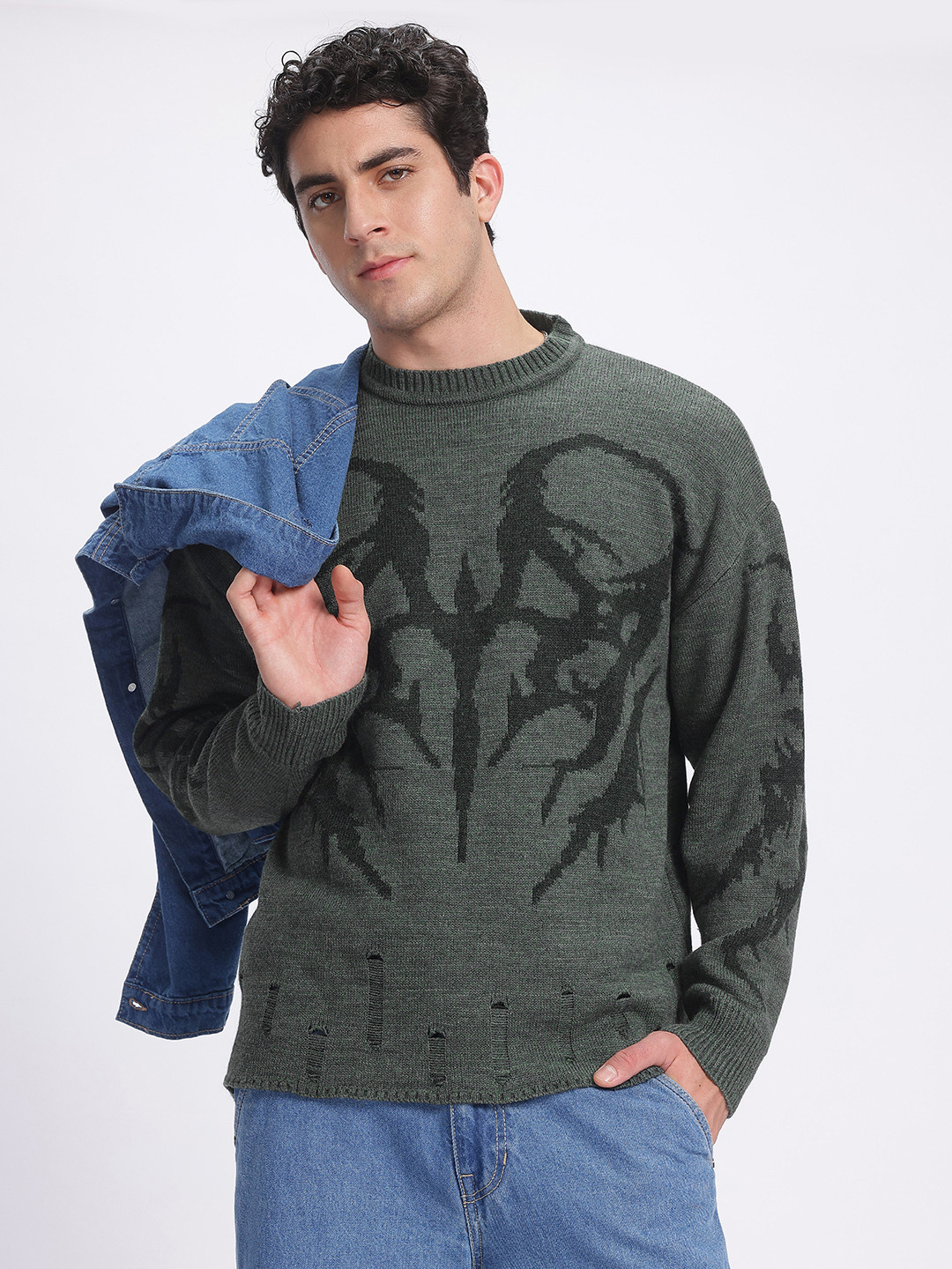 glitchez Abstract Pattern Canvas Distressed Detail Pullover