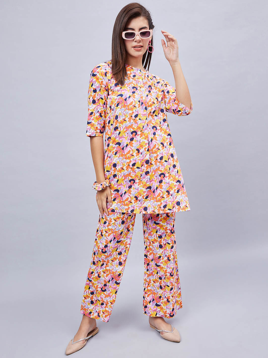 WineRed Abstract Printed Round Neck Pure Cotton Top With Trouser & Scrunchie