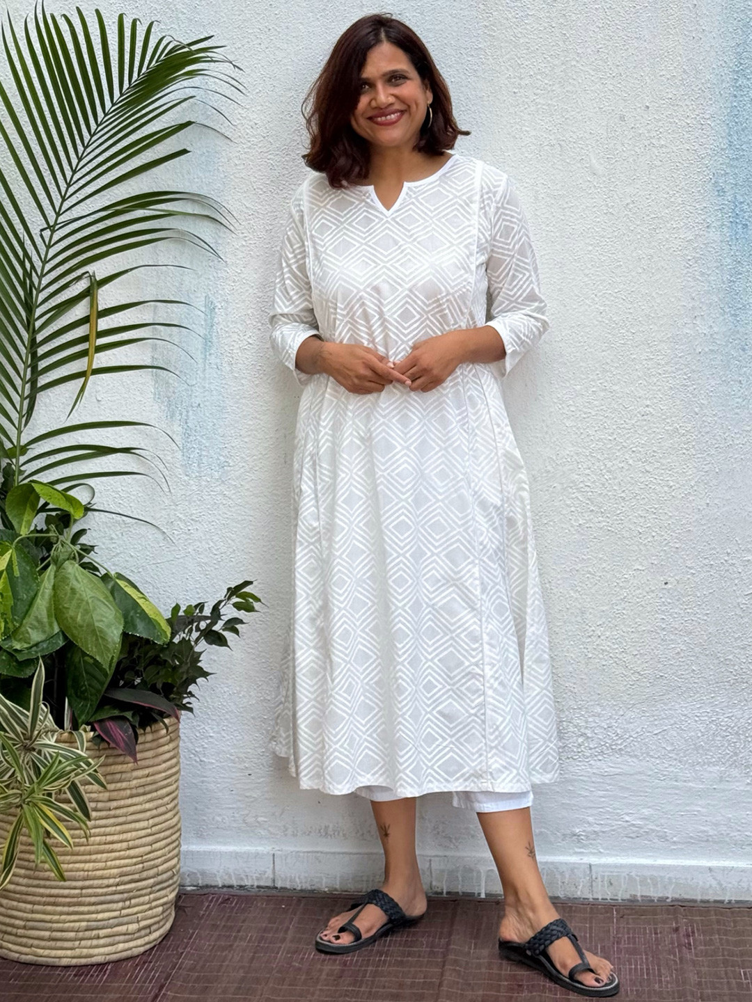 Chidiyaa Shagufta Block Geometric Printed Round Neck Pure Cotton A-Line Kurta