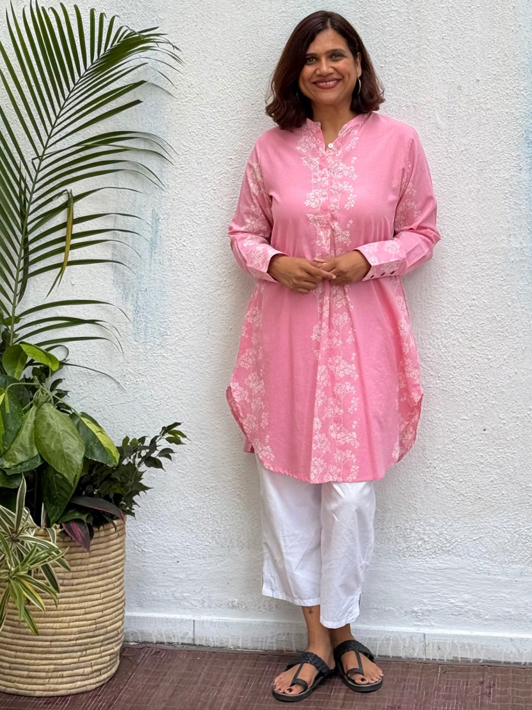 Chidiyaa Floral Ranjana Block Printed Mandarin Collar Pure Cotton A-Line Kurta