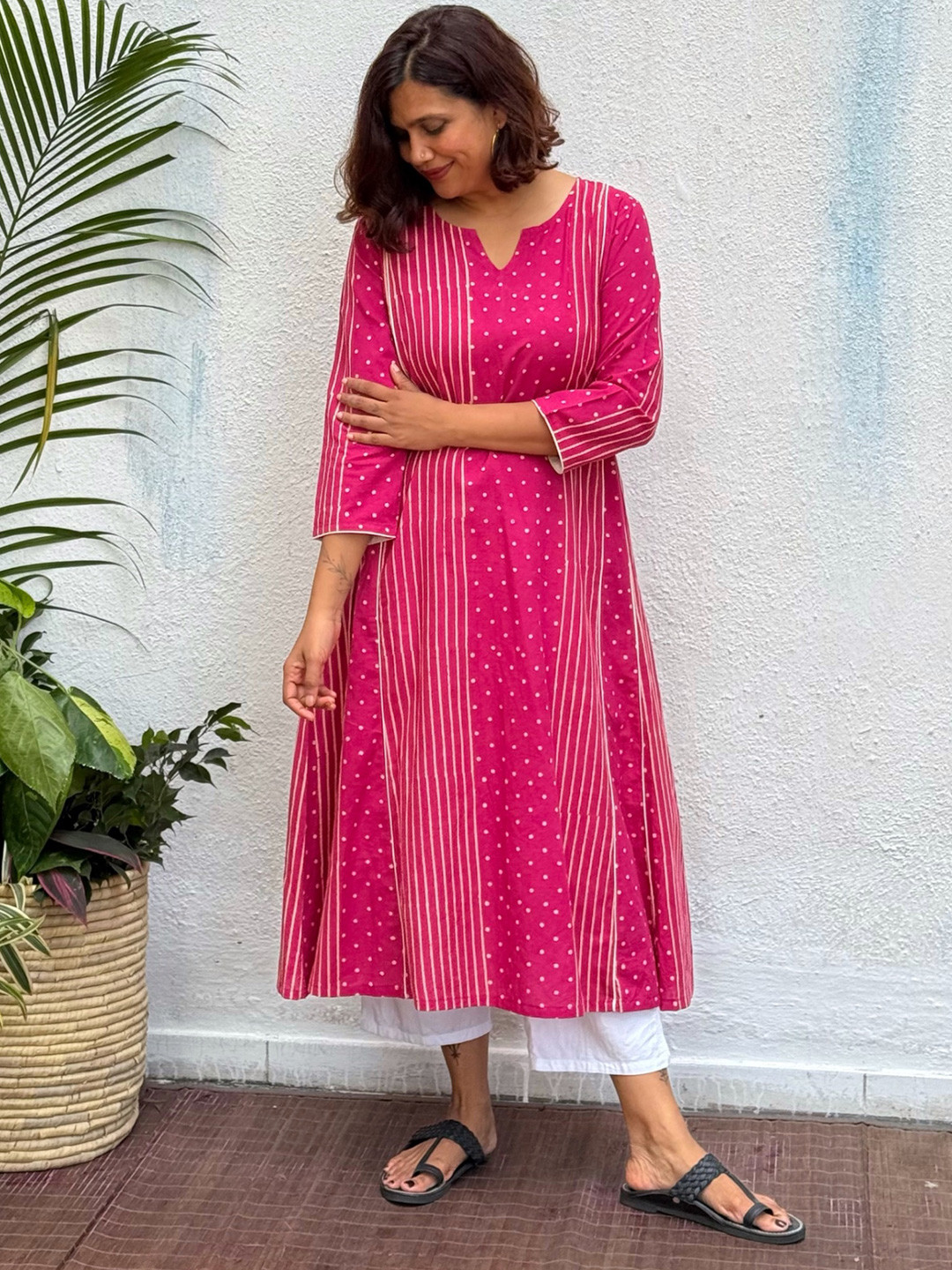 Chidiyaa Geometric Madhabi Block Printed Notched Round Neck Pure Cotton A-Line Kurta