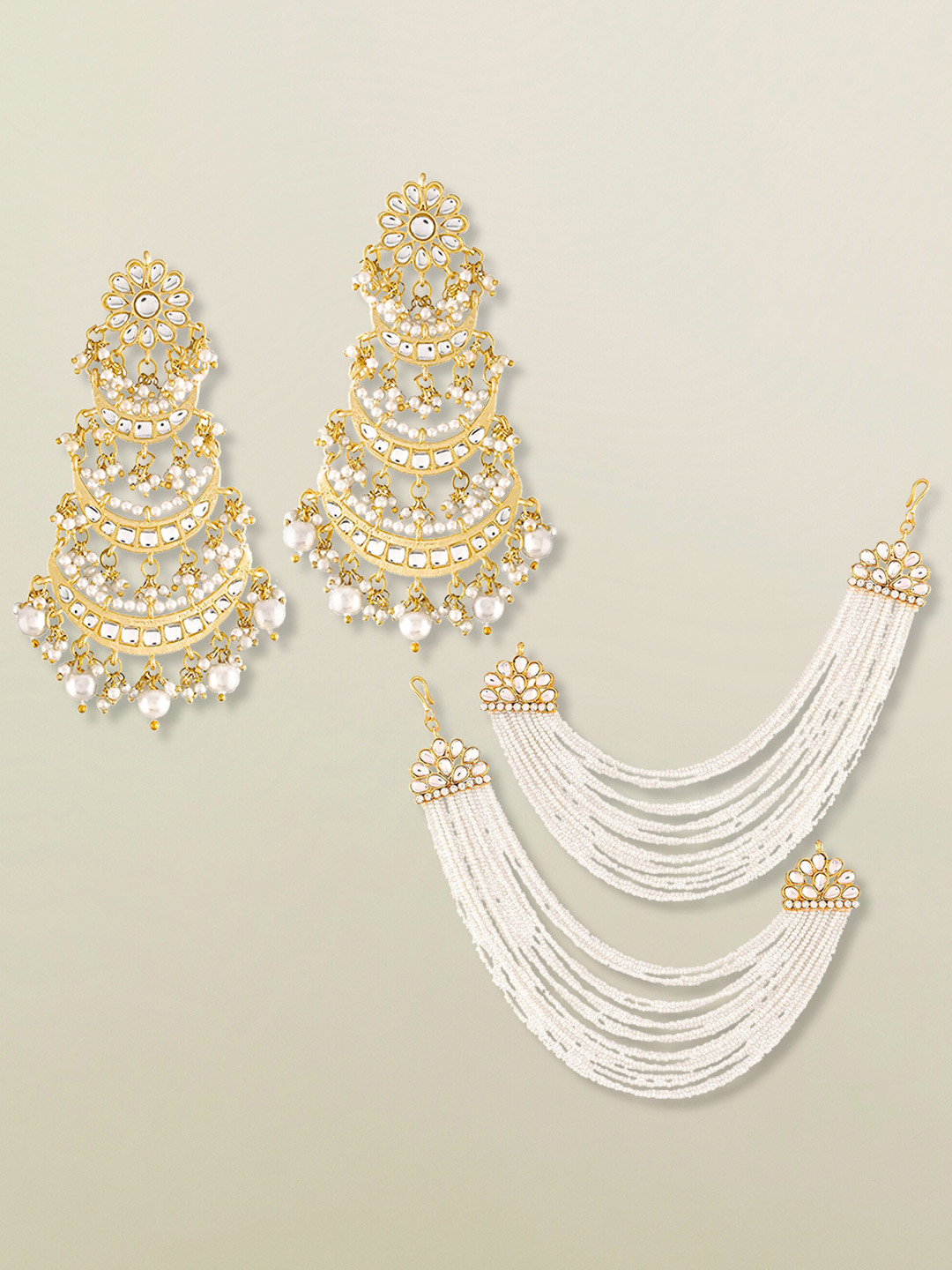 Peora Set Of 2 Gold-Plated Contemporary Kundan & Pearls Chandbalis