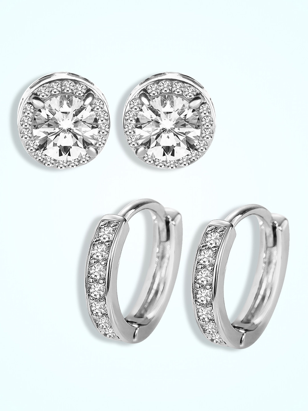 Peora Set Of 2 Silver-Plated American Diamond Studded Studs & Hoop Earrings