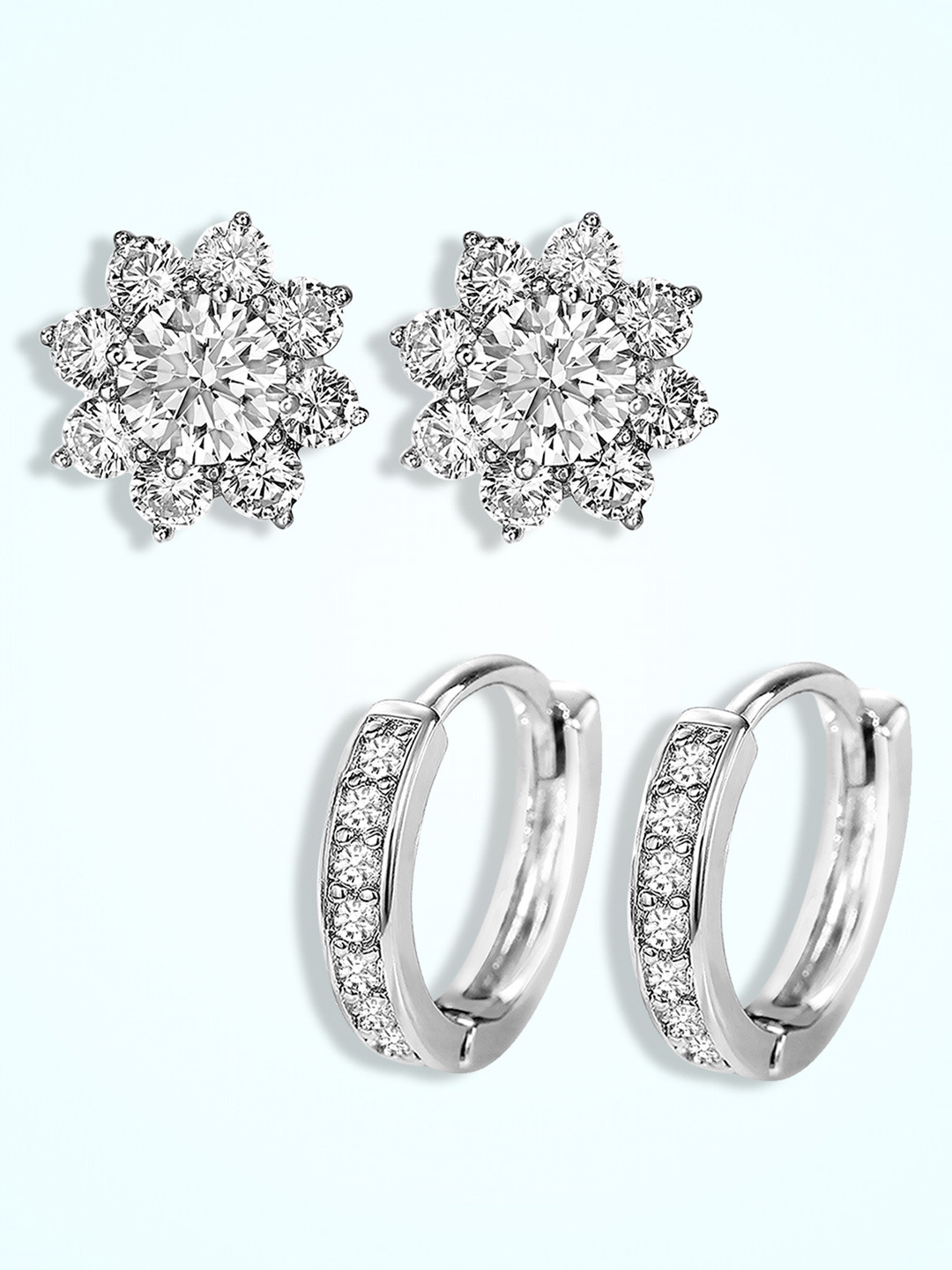 Peora Set Of 2 Silver-Plated Contemporary Cubic Zirconia Hoop Earrings