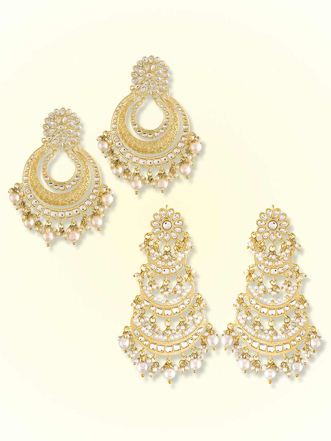 Peora Set Of 2 Gold-Plated Contemporary Kundan & Pearls Chandbalis