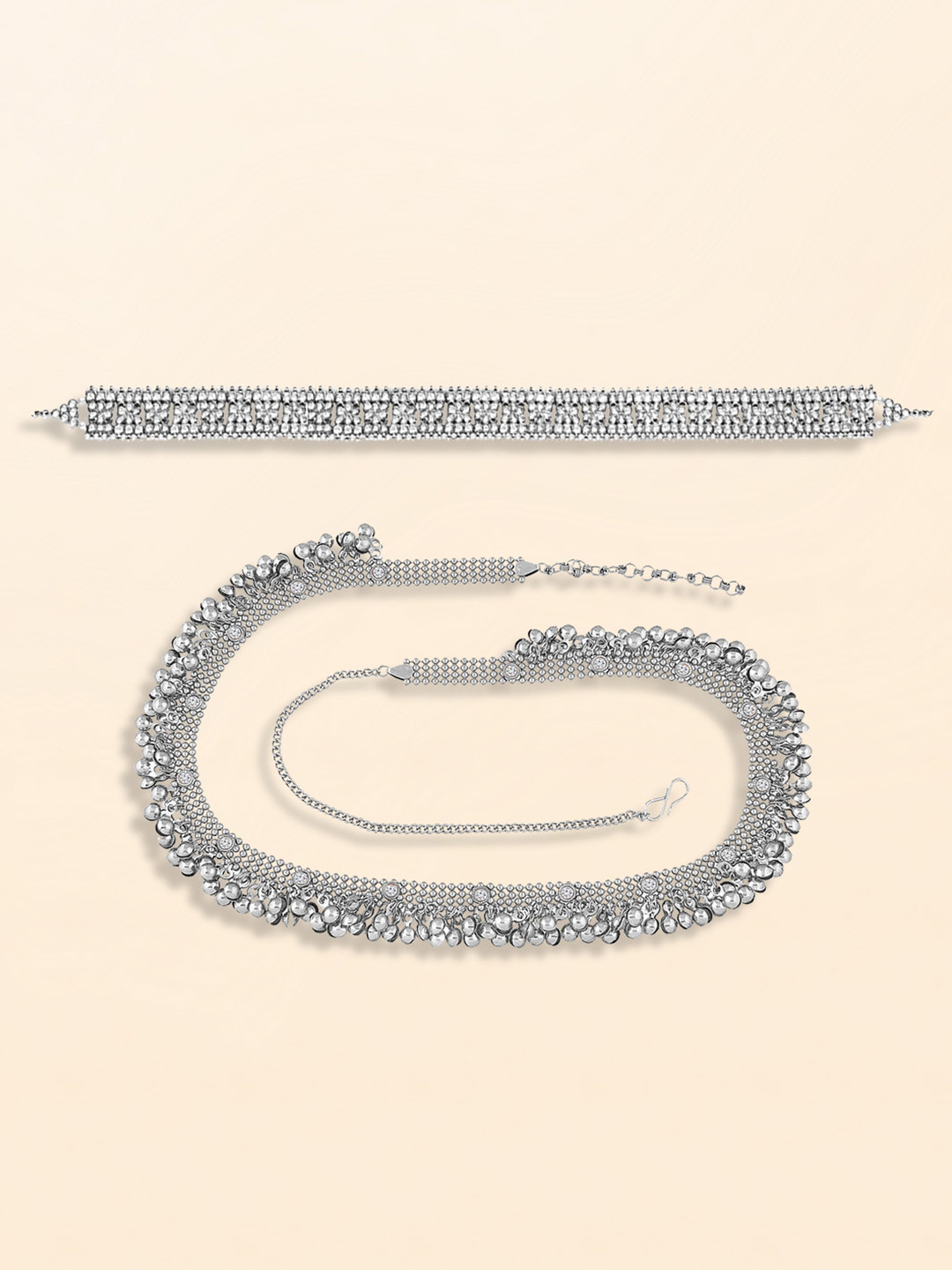 Peora Set Of 2 Silver Plated & Gold Plated Kundan Studded Waist Chain Saree Accessories