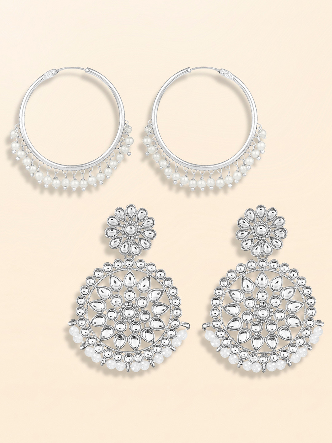 Peora Set Of 2 Silver-Plated Kunadn Stone Studded & Pearls Beaded Drop & Hoop Earrings