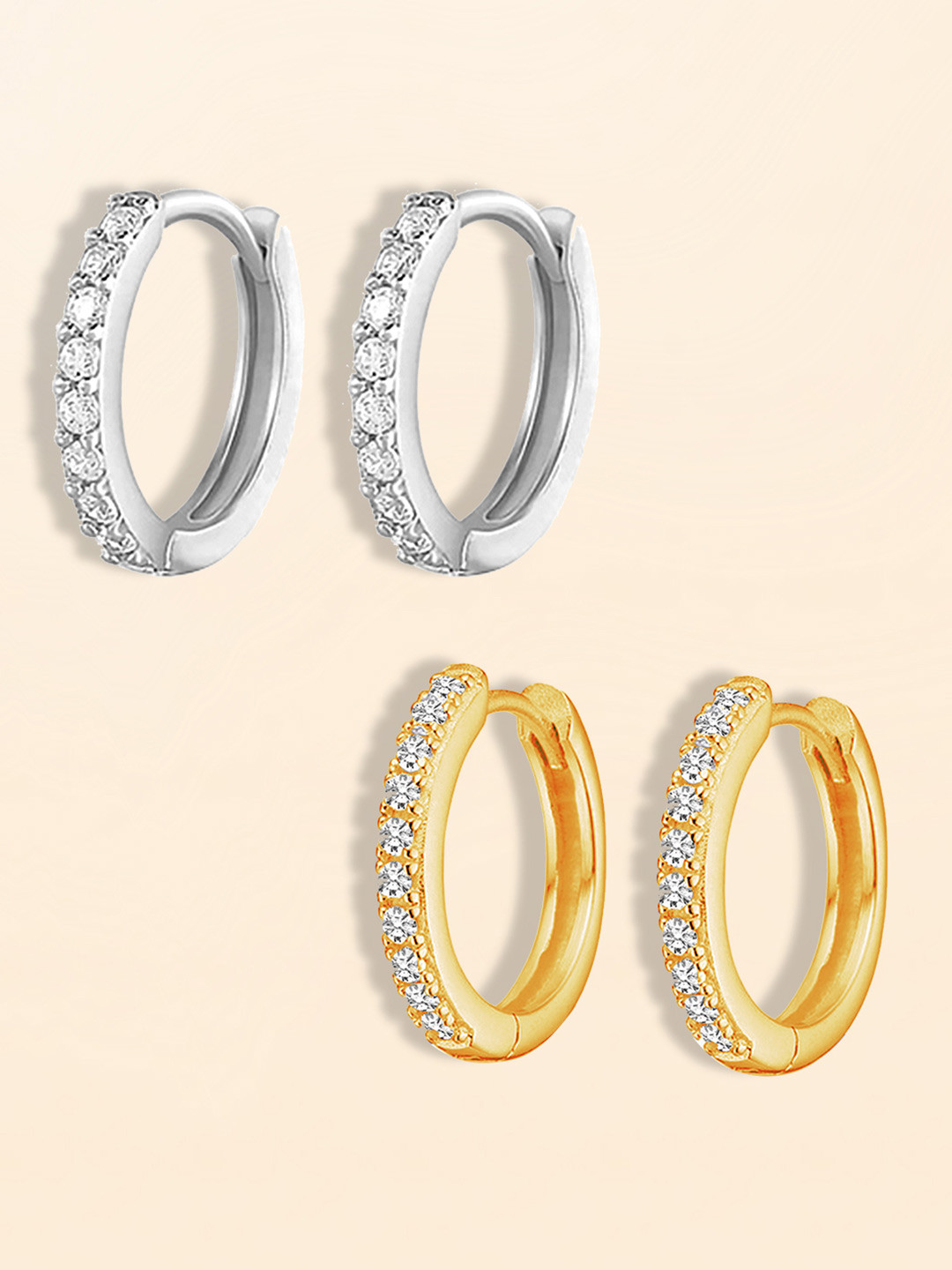 Peora Set Of 2 Silver-Plated American Diamond Studded Hoop Earrings