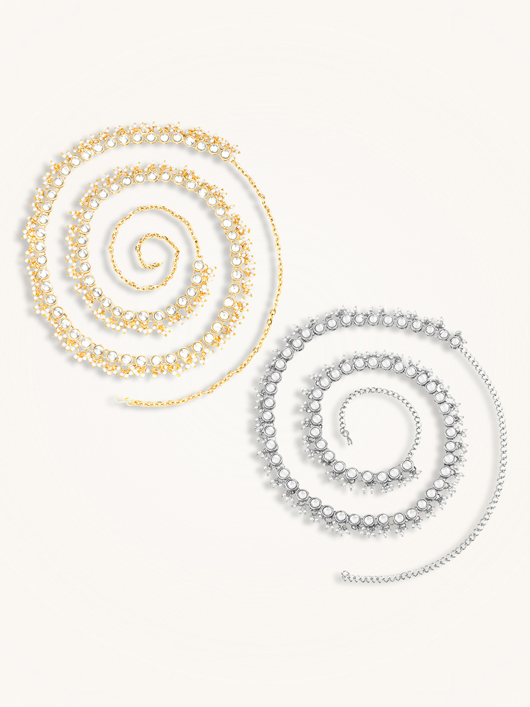 Peora Set Of 2 Gold Plated & Silver Plated Kundan Studded Waist Chain Saree Accessories