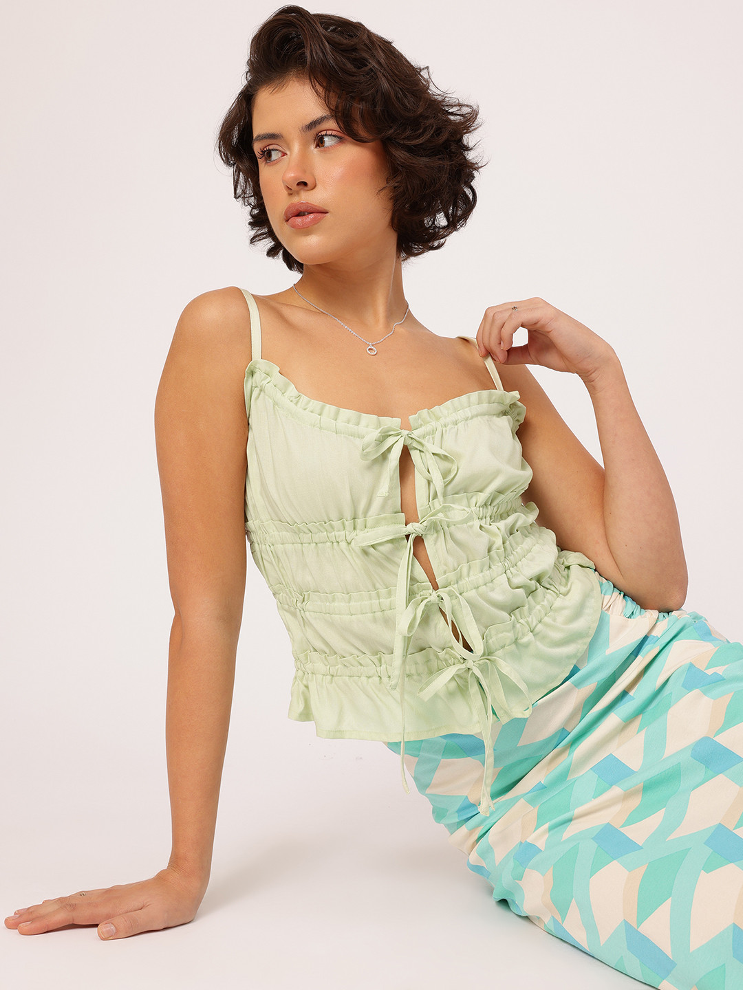 DressBerry Tie-Up Bows Ruffled Smocked Top