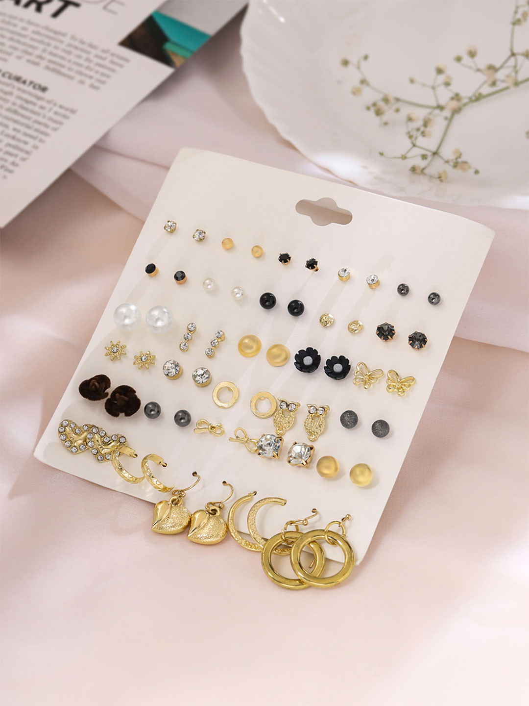 Yellow Chimes Set Of 30 Gold-Plated Pearls & Stone Studded Oxidised Studs & Hoop Earrings