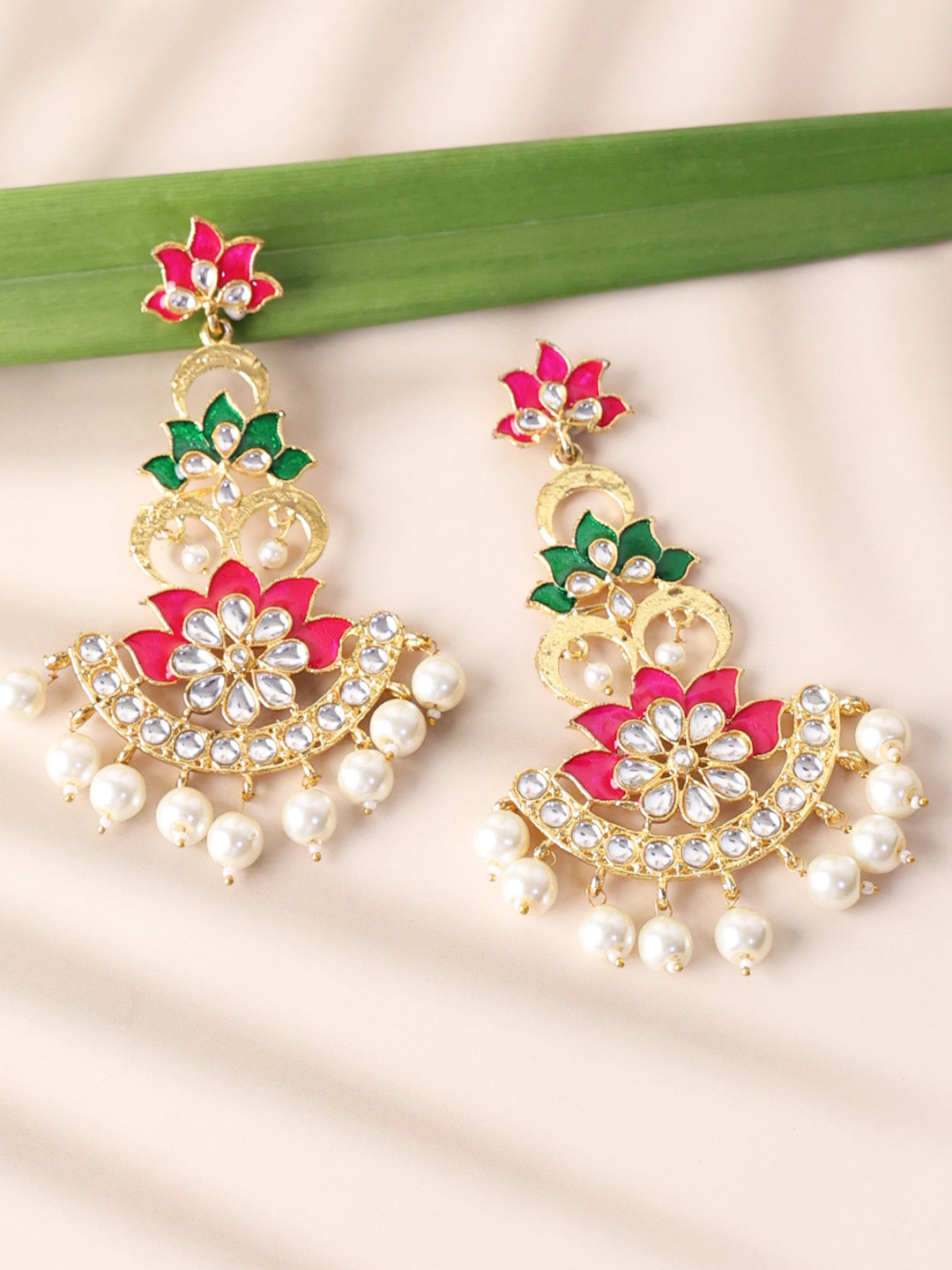 Anouk Pink & Green Gold-Plated Stone Studded & Beaded Floral Drop Earrings