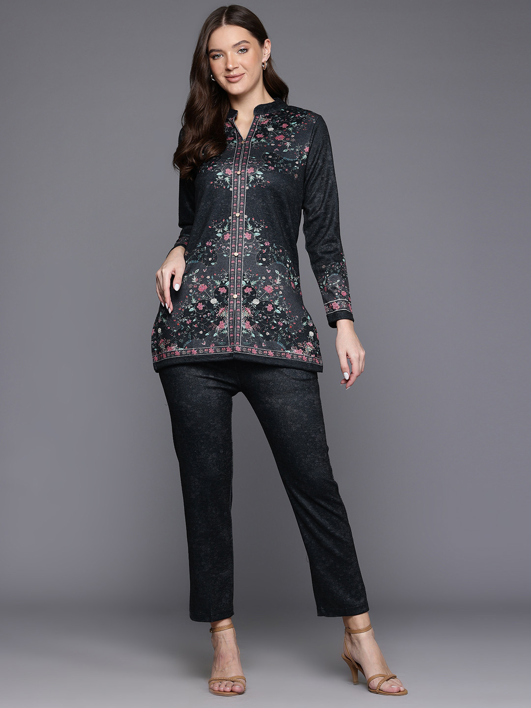 Cayman Floral Printed Pure Wool Tunic with Trousers