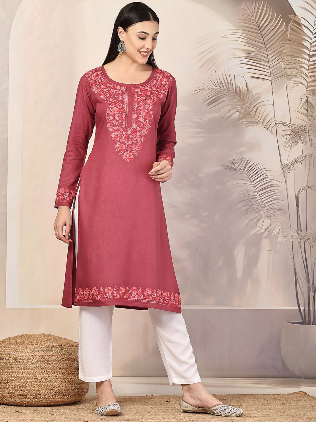Qazmi Floral Aari Embroidered Thread Work Straight Kurta