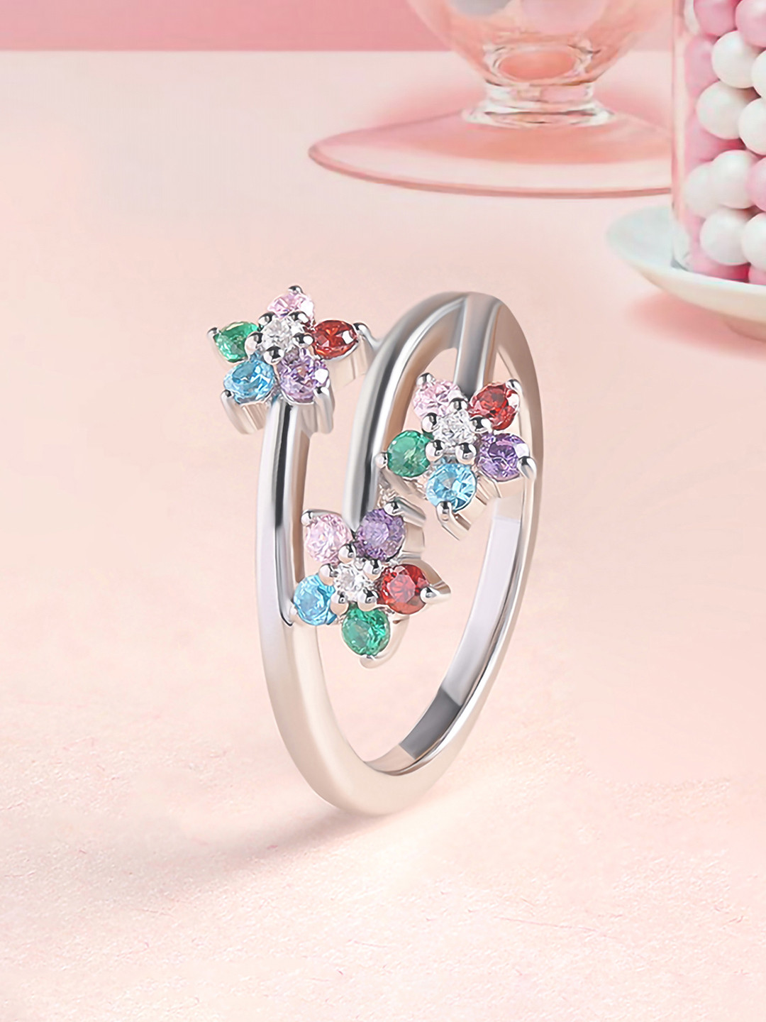 Ornate Jewels Rhodium-Plated 925 Sterling Silver CZ-Studded Rainbow Waves Finger Ring