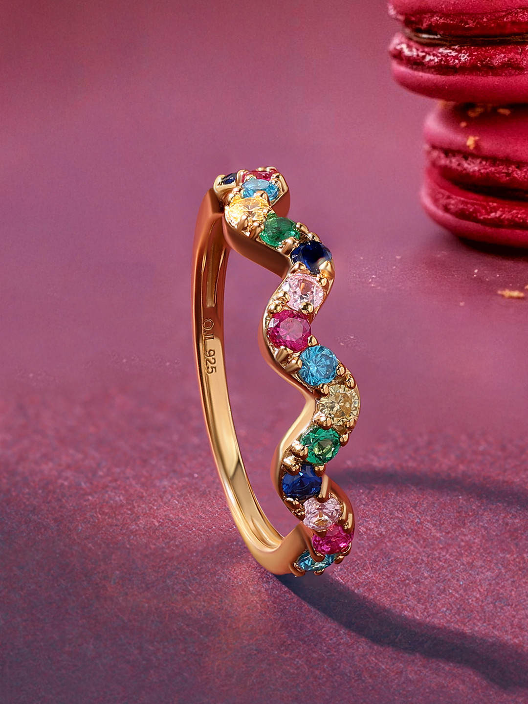 Ornate Jewels 18KT Gold-Plated 925 Sterling Silver CZ-Studded Rainbow Waves Finger Ring