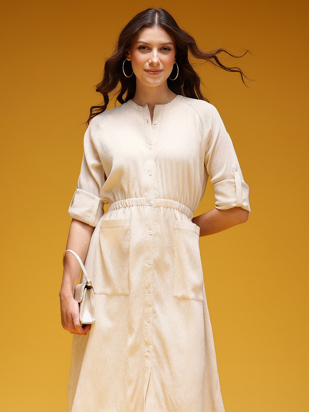 HERE&NOW Cinched Waist Roll Up Sleeves Crinkled Shirt Style Dress