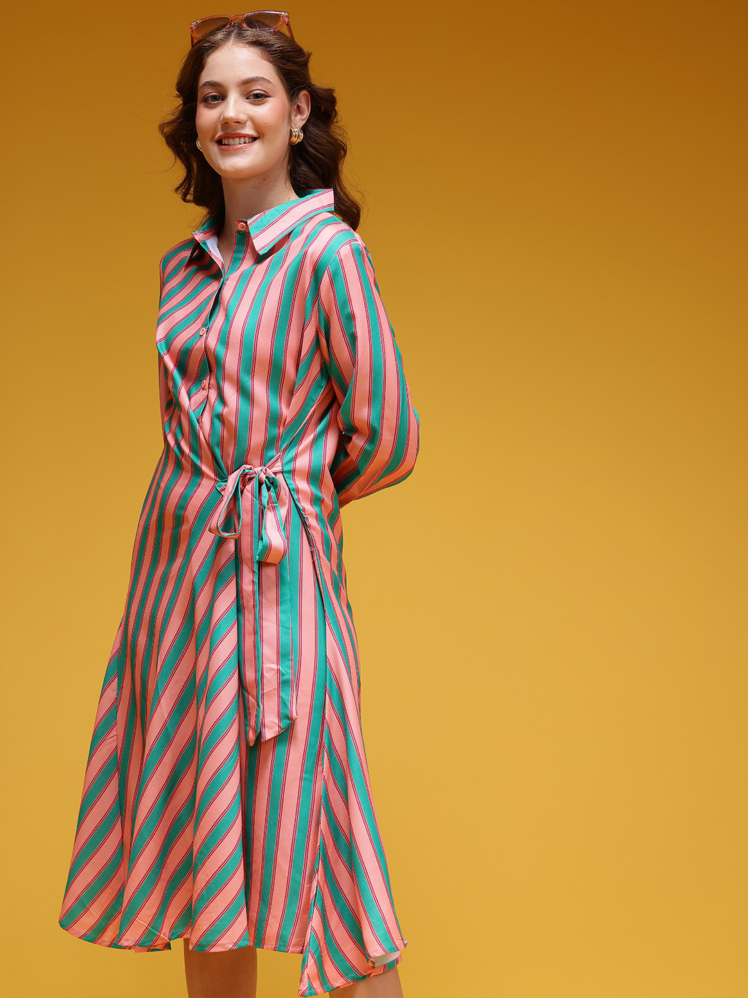 HERE&NOW Striped Tie Waist Midi Shirt Dress