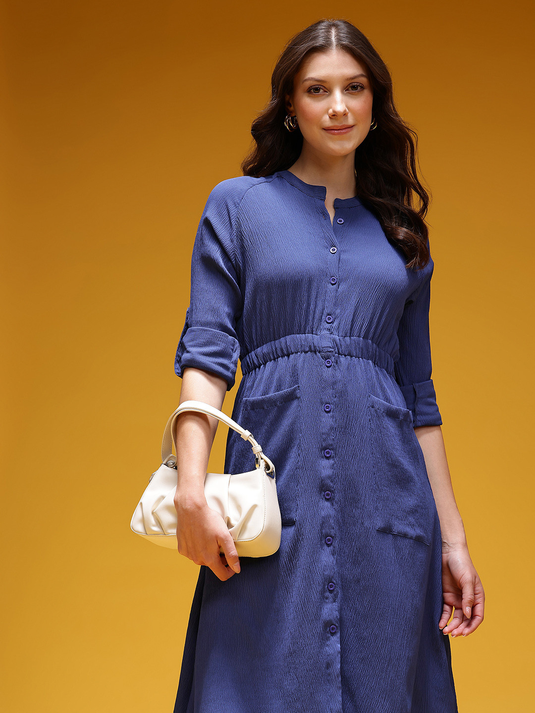 HERE&NOW Cinched Waist Roll Up Sleeves Crinkled Shirt Style Dress