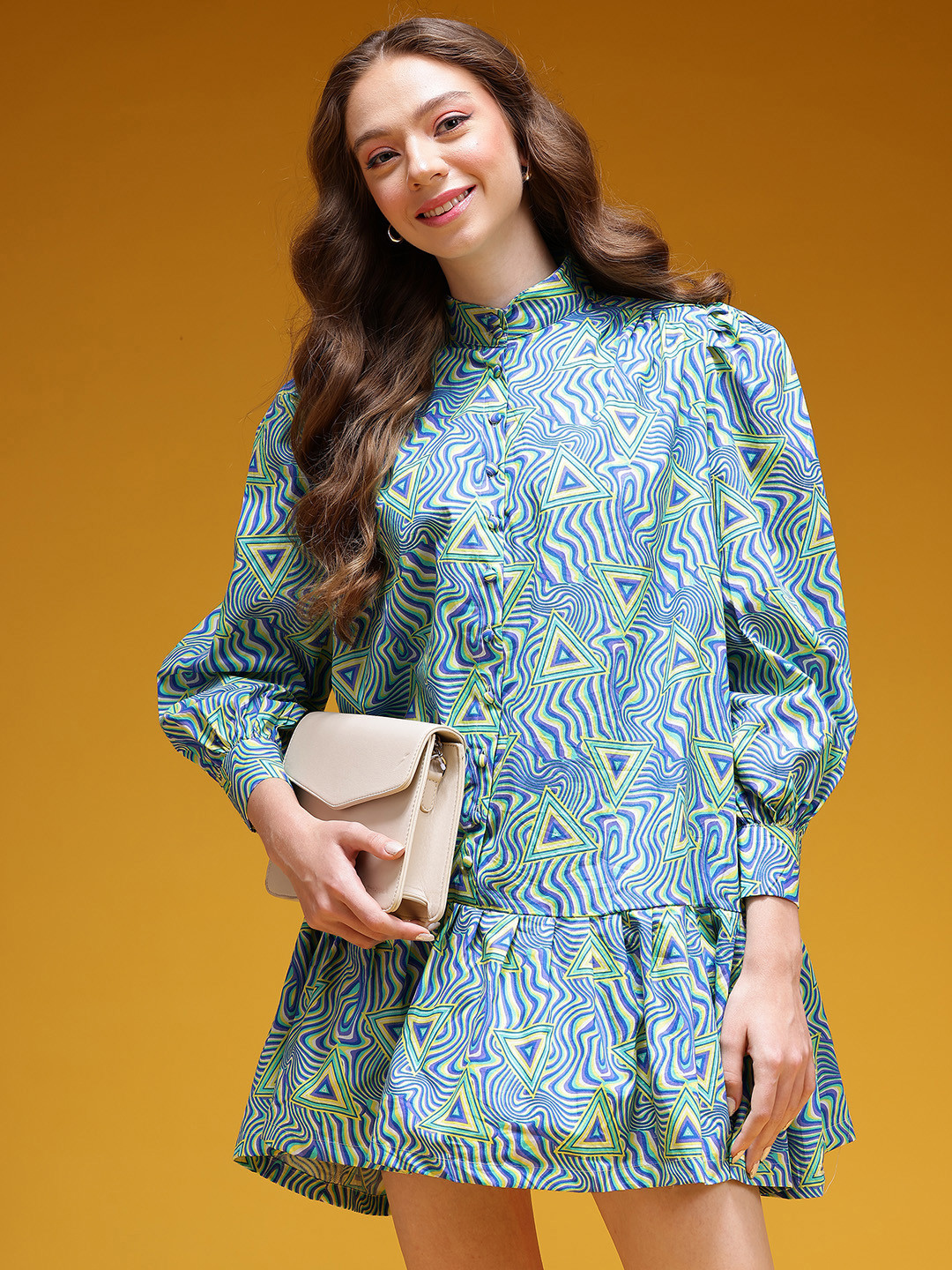 HERE&NOW Geometric Printed Puff Sleeves Cotton Drop-Waist High Neck Dress