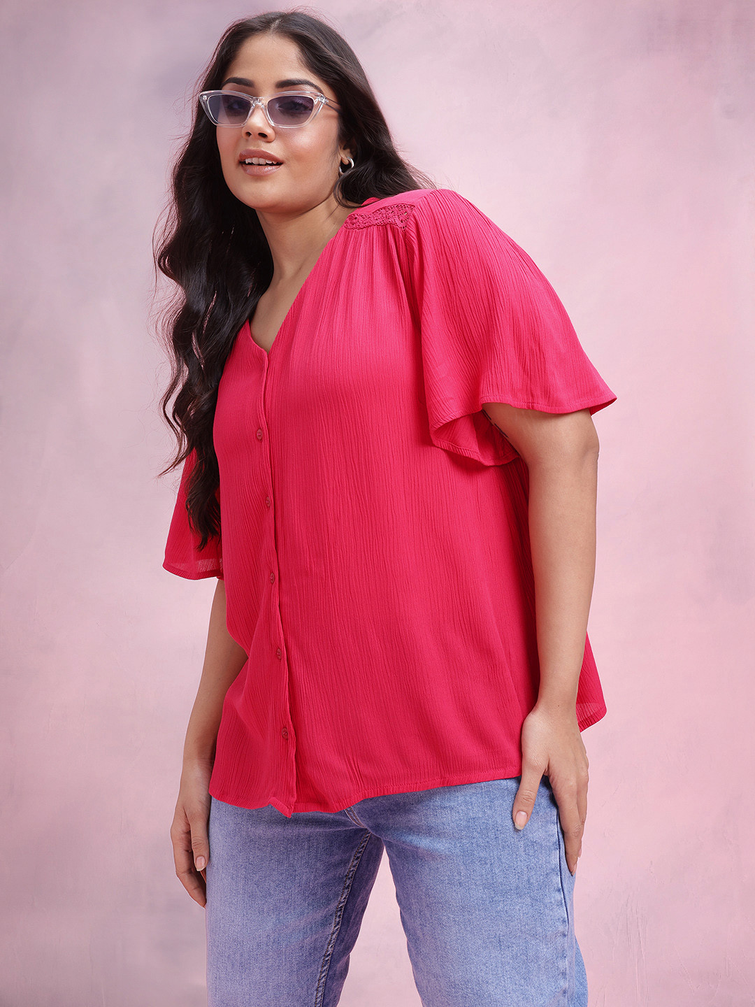 DressBerry Curve Plus Size Crinkled Effect Flared Sleeves Shirt Style Top