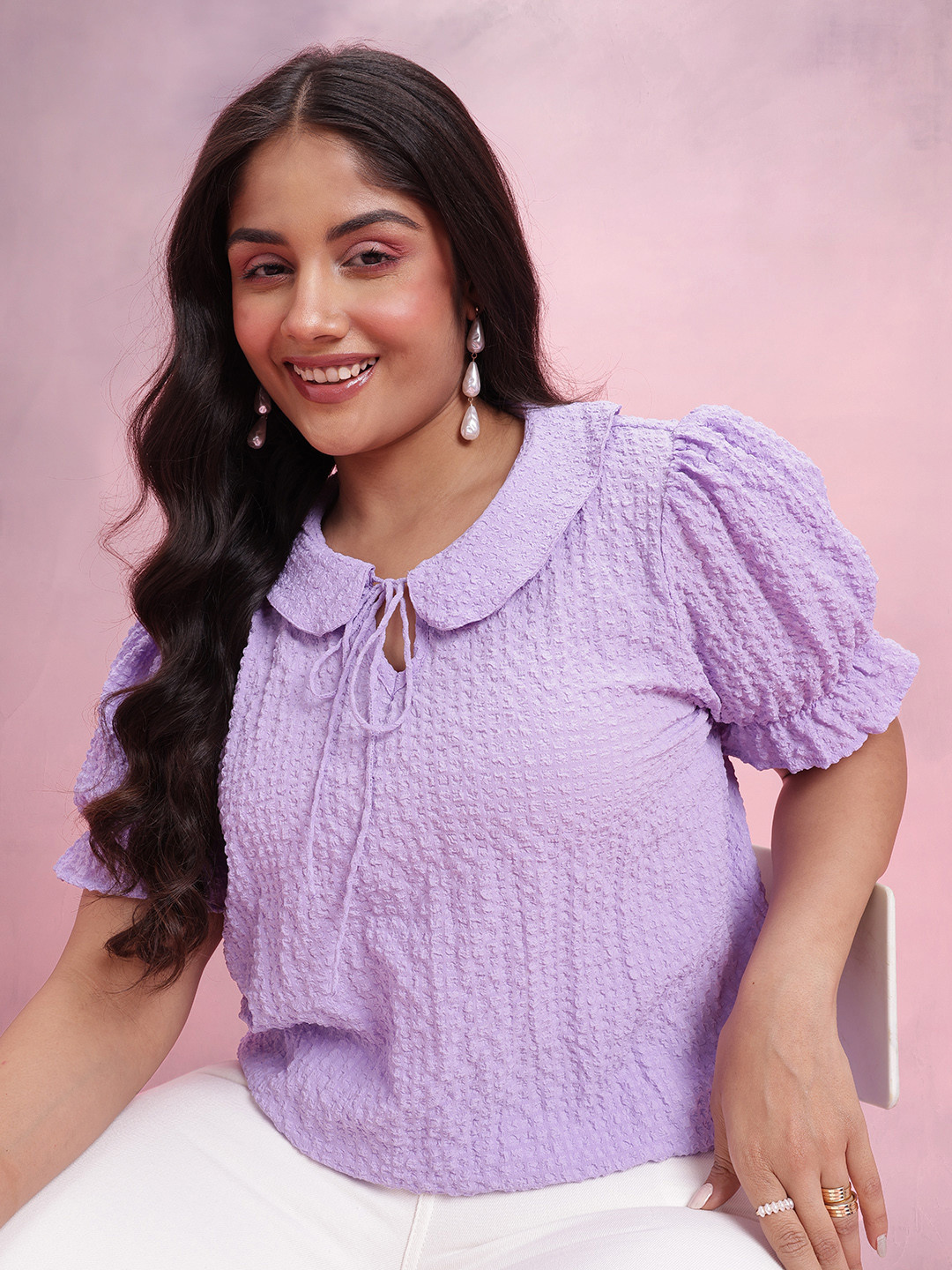 DressBerry Curve Peter Pan Collar Puff Sleeve Seersucker Top