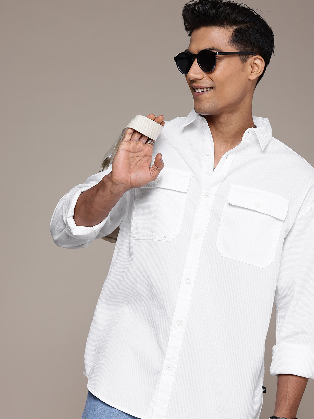 WROGN Pure Cotton Self Design Textured Waffle Weave Oversized Shirt