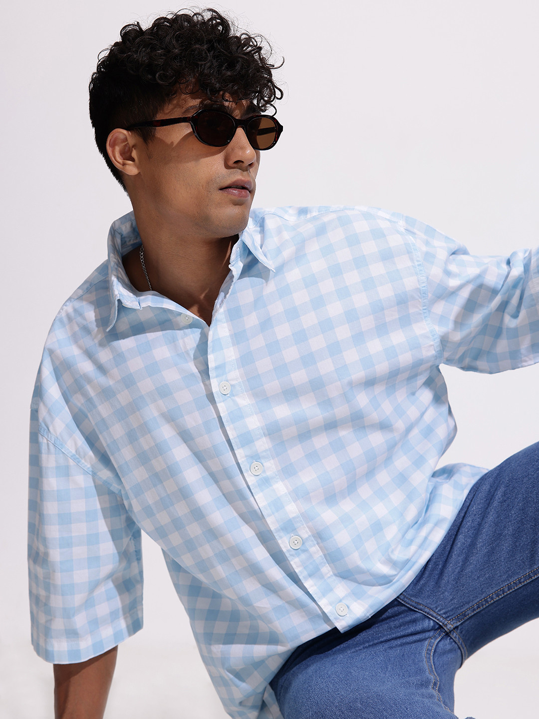 WROGN  Cotton Checked Drop-Shoulder Sleeves Oversized Plus Casual Shirt