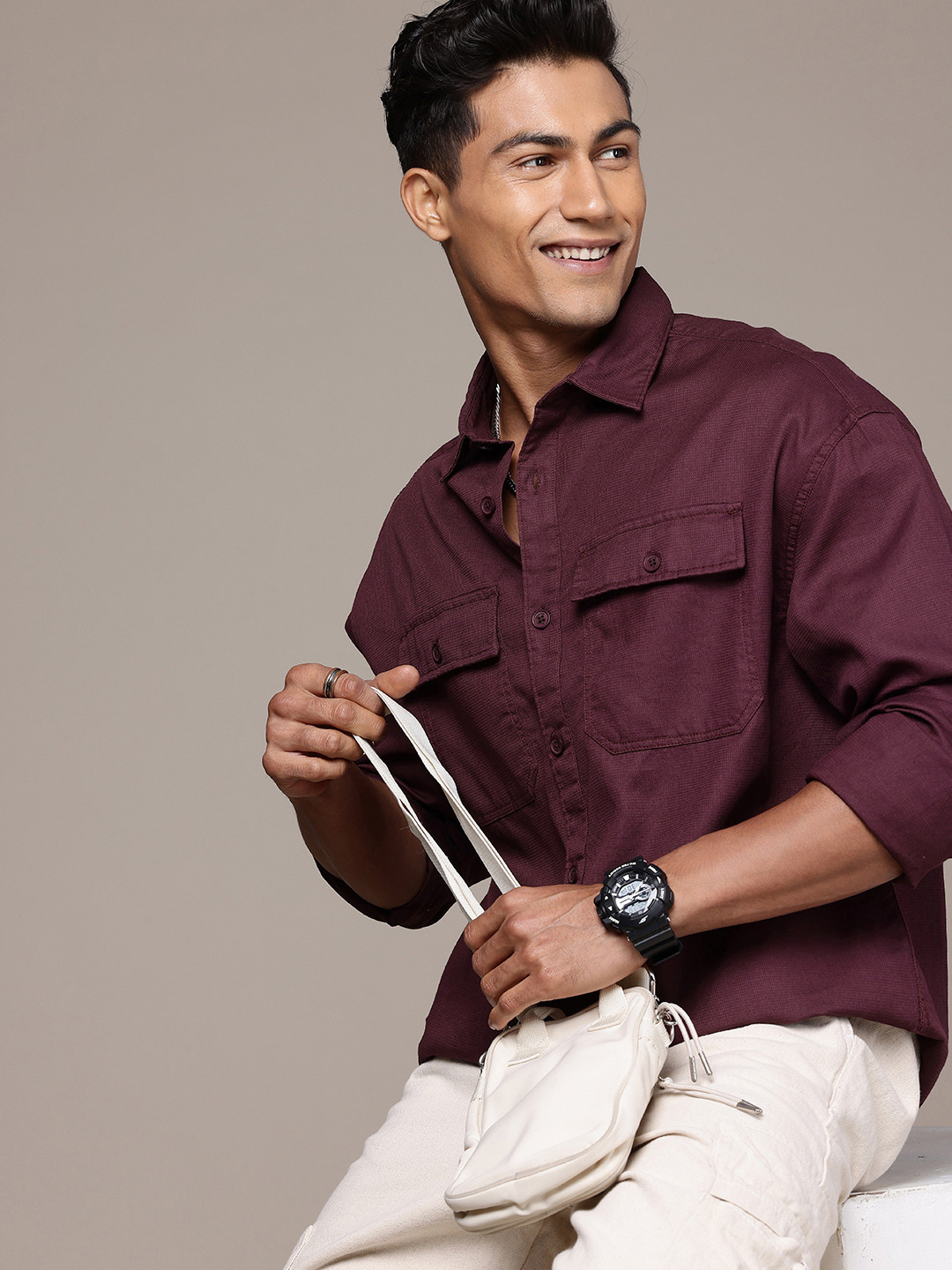 WROGN  Cotton Self Design Textured Waffle Weave Oversized Shirt