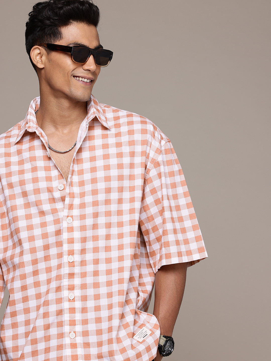 WROGN  Cotton Buffalo Checks Opaque Oversized Casual Shirt