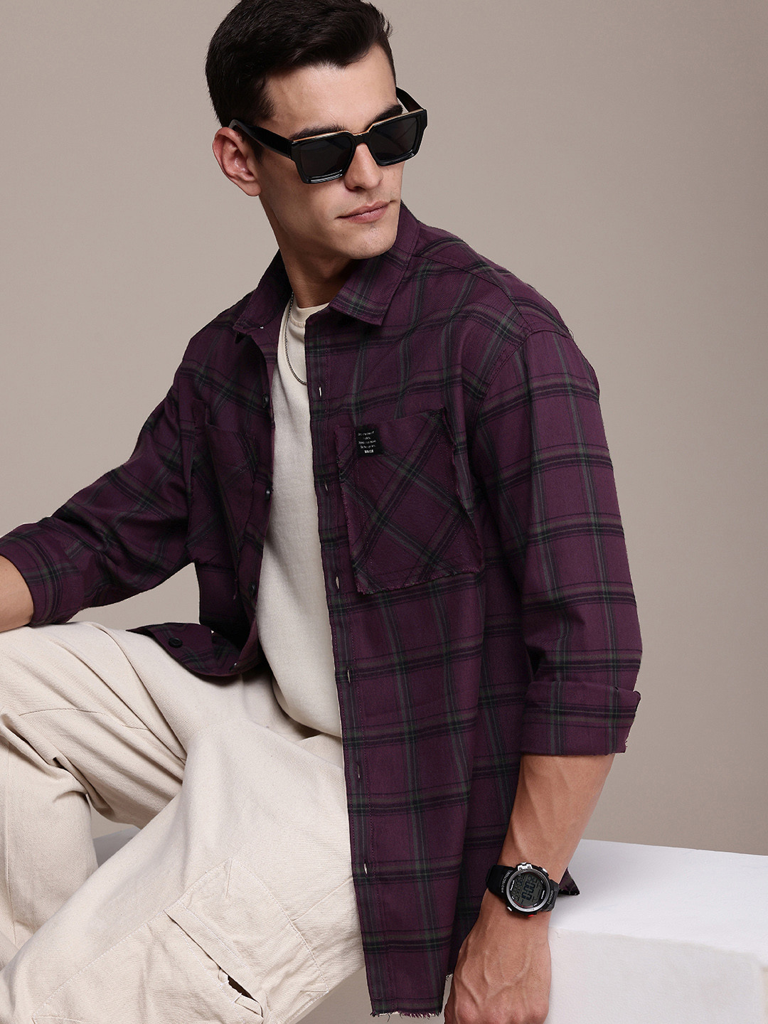 WROGN Oversized Checked Drop-Shoulder Sleeves Casual Shirt